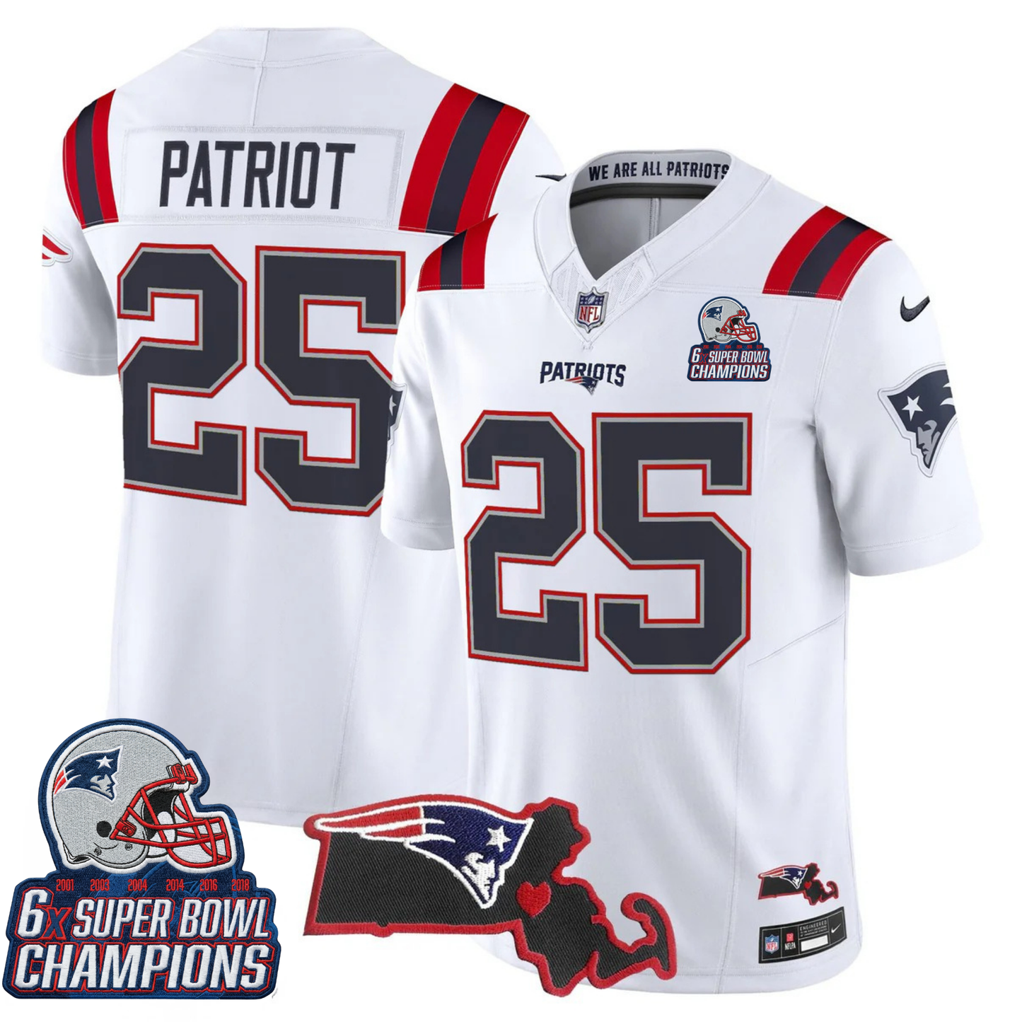NE 6-Time Champions & Massachusetts Patch Vapor Limited Jersey V3- All Stitched