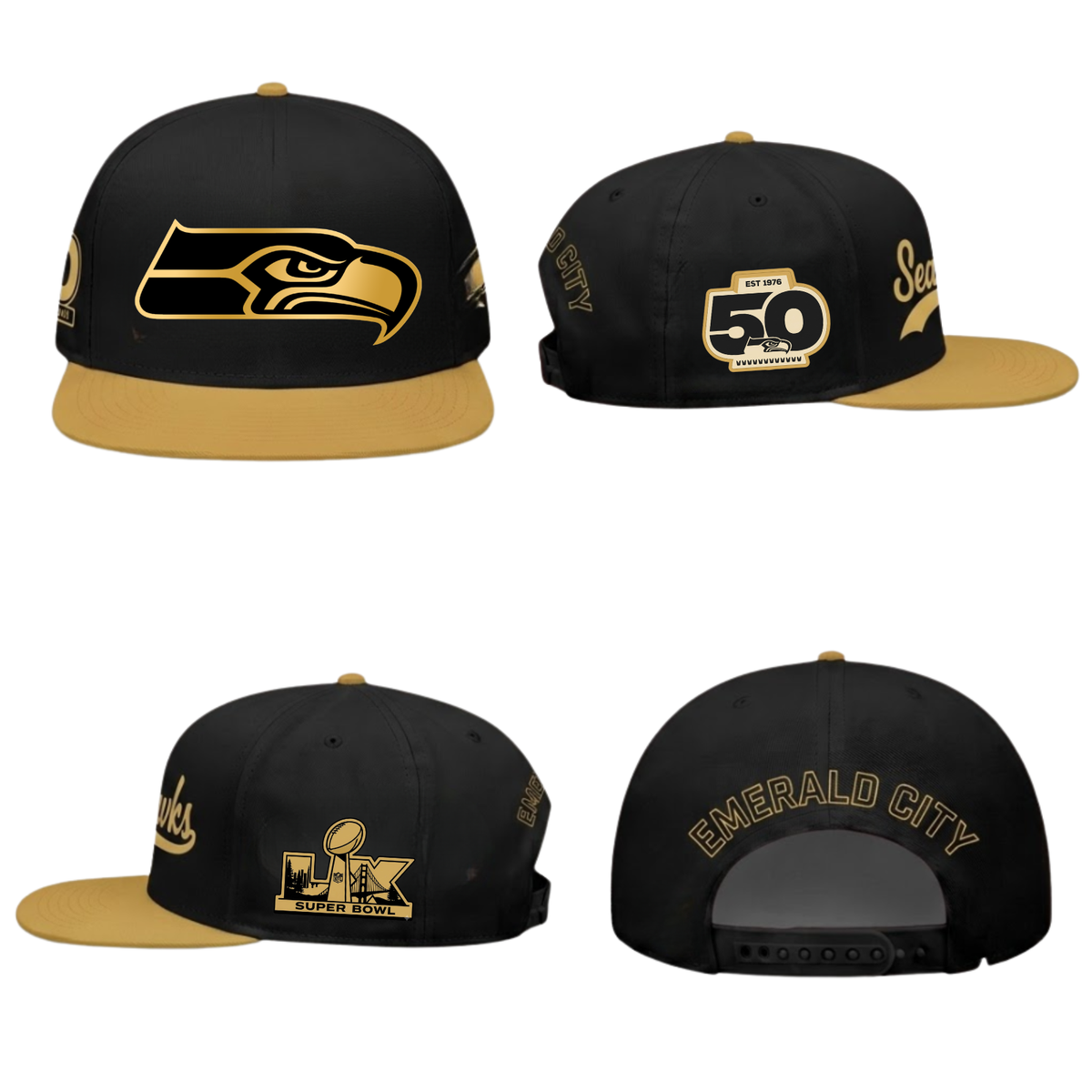 Seattle Seahawks SB LX Champs Gold Edition Snapback Cap - Printed