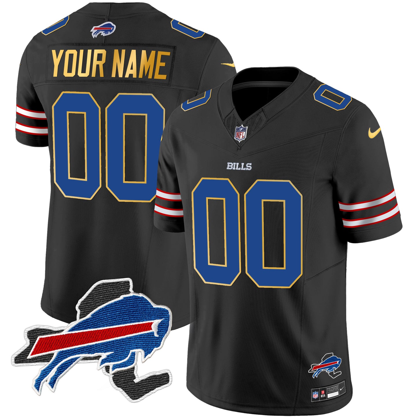 Bills New York Patch Gold Trim Vapor Custom Jersey - All Stitched