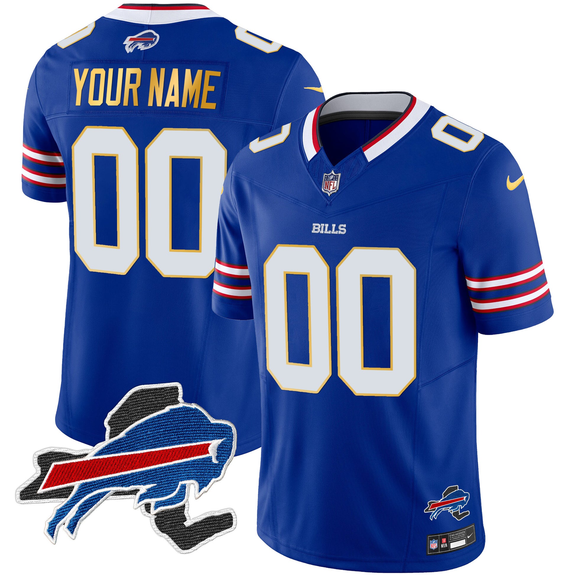 Bills New York Patch Gold Trim Vapor Custom Jersey - All Stitched