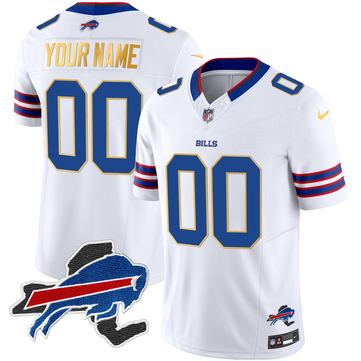 Bills New York Patch Gold Trim Vapor Custom Jersey - All Stitched