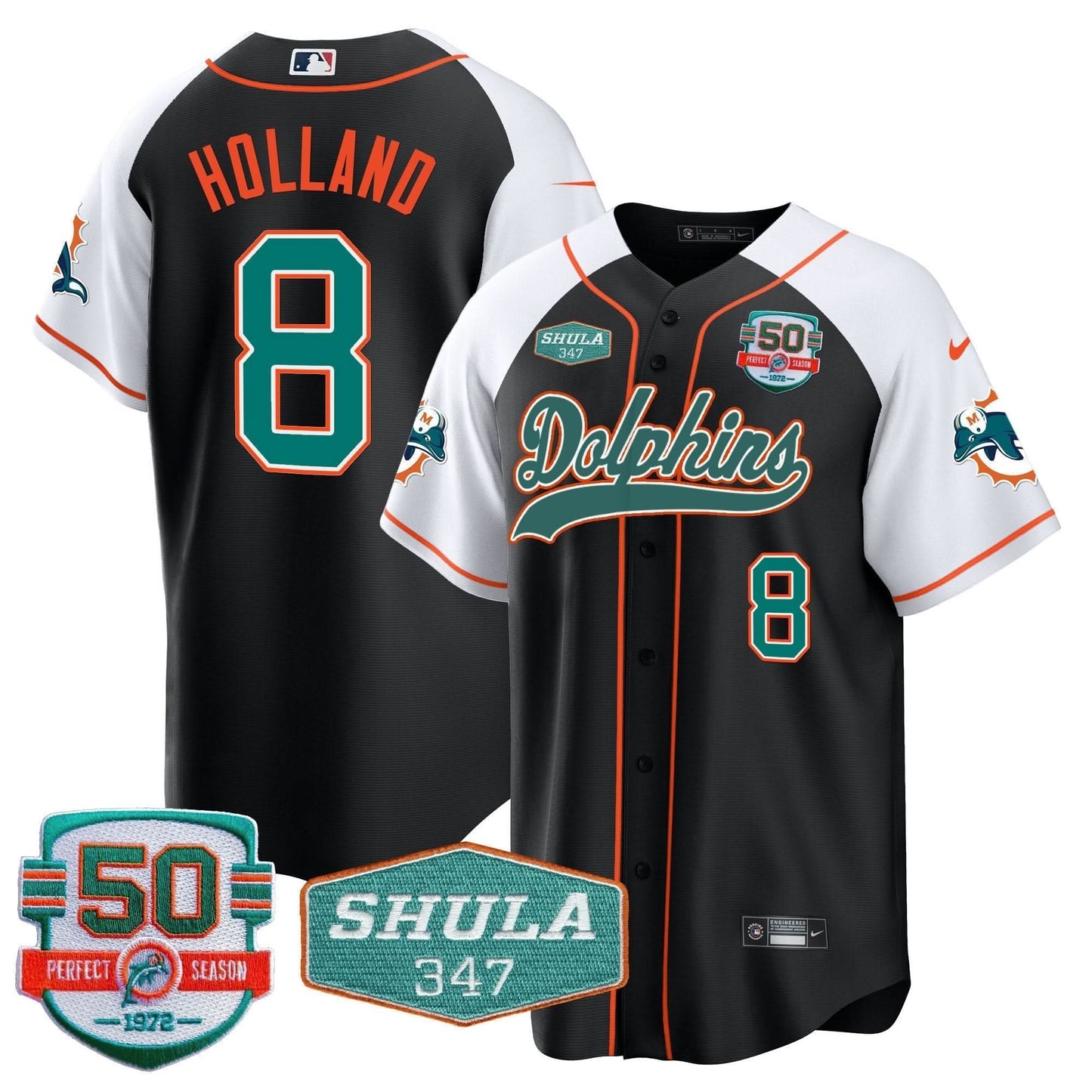 Dolphins 50th & Don Shula 347 Memorial Patch Baseball Jersey - All Stitched