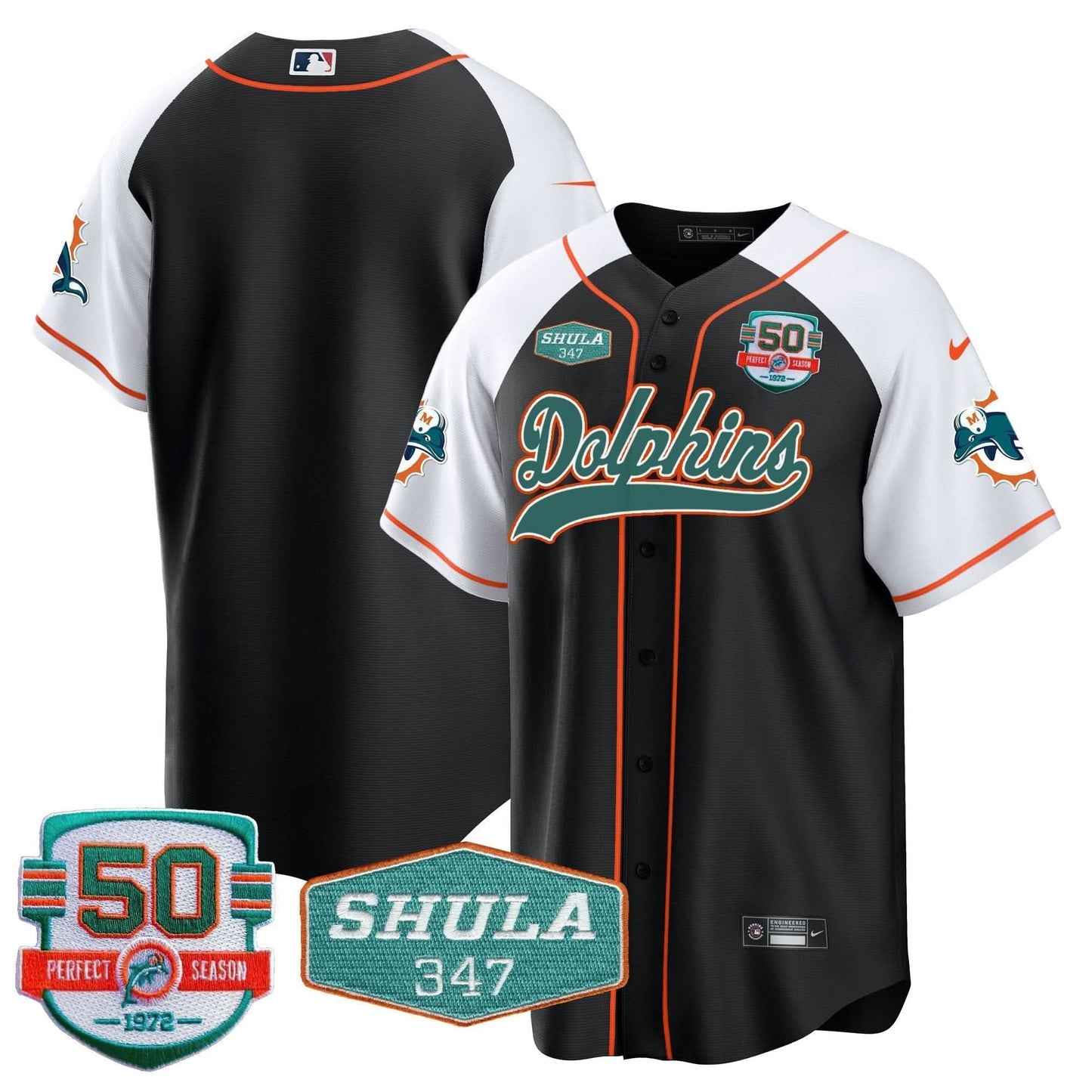 Dolphins 50th & Don Shula 347 Memorial Patch Baseball Jersey - All Stitched
