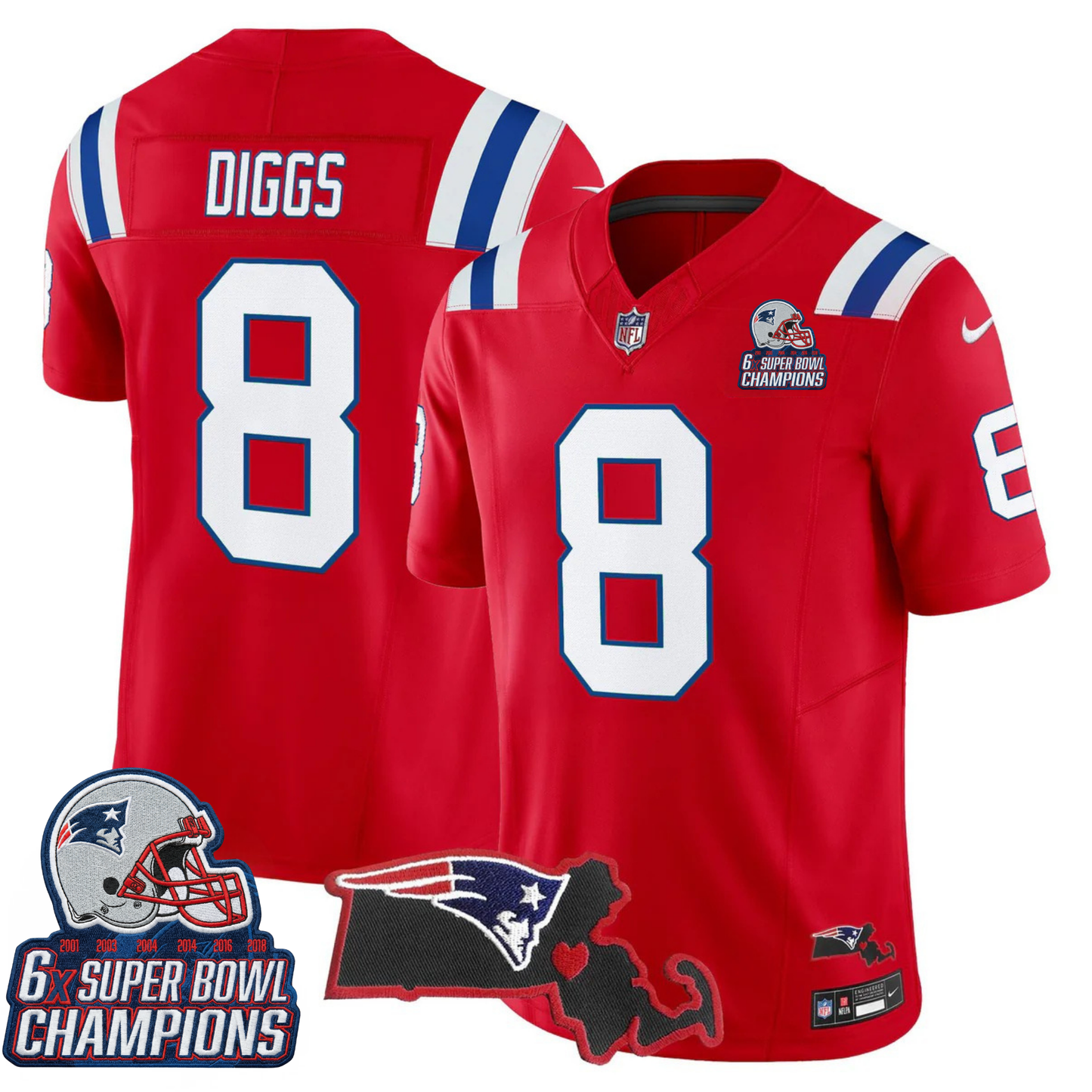 NE 6-Time Champions & Massachusetts Patch Vapor Limited Jersey V3- All Stitched