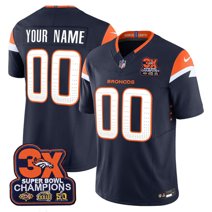 Denver Broncos 3-Time Champions Patch Vapor Limited Custom Jersey - All Stitched
