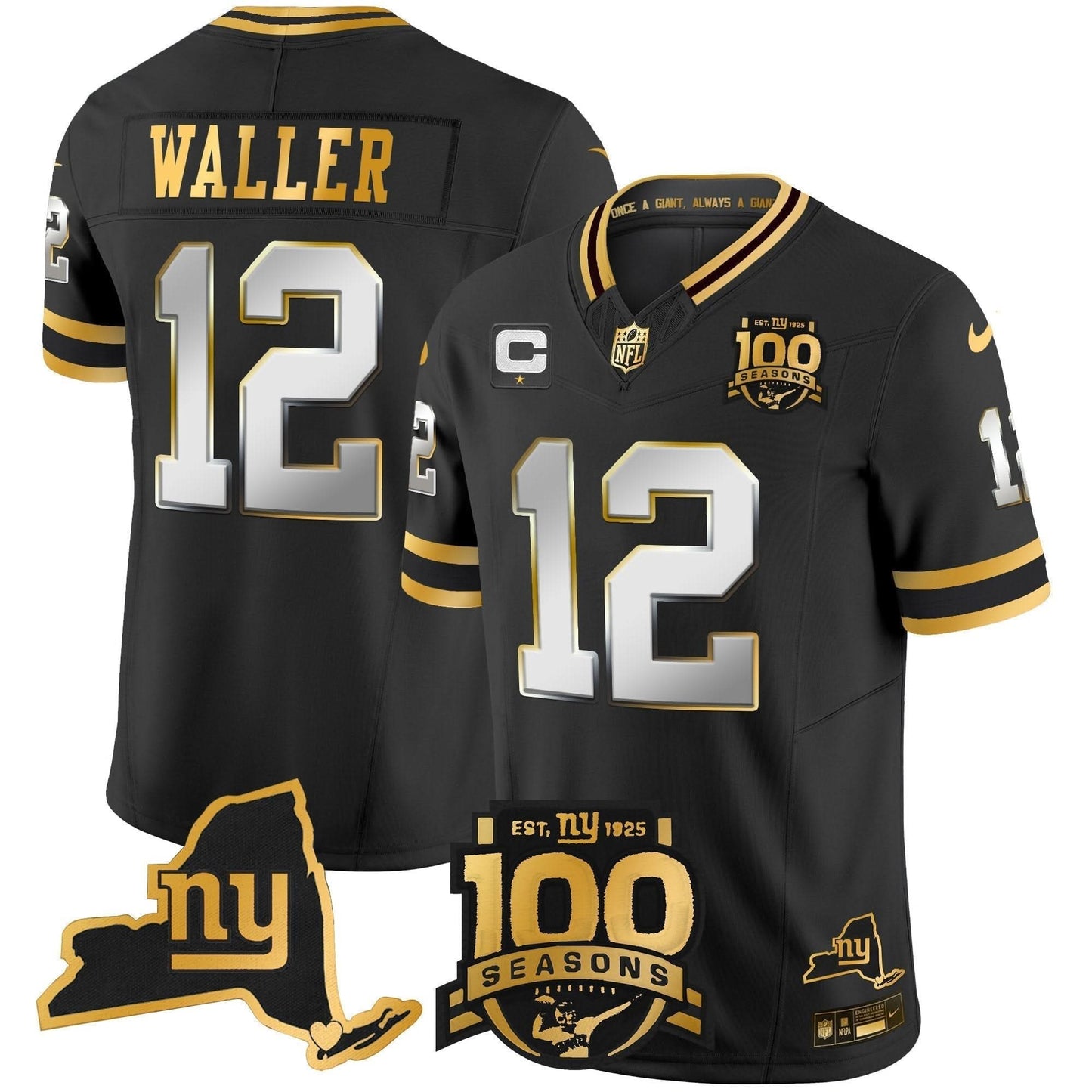 New York Giants 100th Season & State Patch Gold Vapor Limited Jersey - All Stitched