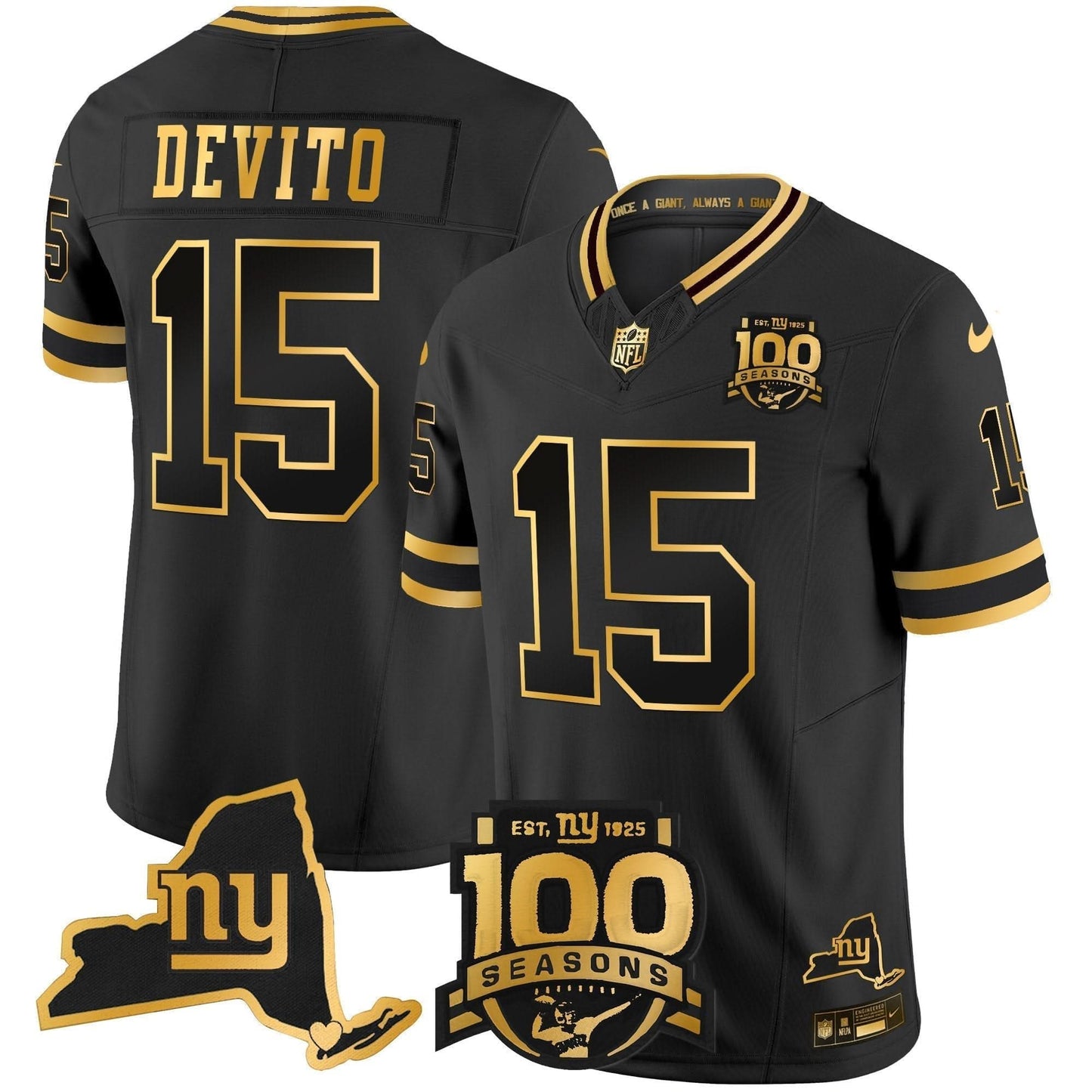 New York Giants 100th Season & State Patch Gold Vapor Limited Jersey - All Stitched