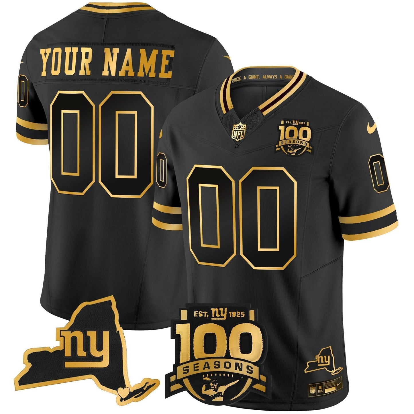 New York Giants 100th Season & State Patch Gold Vapor Limited Custom Jersey - All Stitched