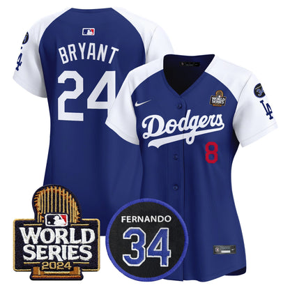Women's Dodgers Fernando Memorial & 2024 World Series Patch Vapor Premier Limited Jersey V2 - All Stitched