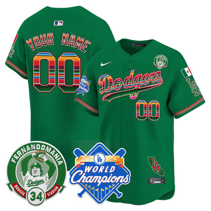 Custom Name/Gender Dodgers Mexico Fernando Memorial & 2024 World Series Champions Patch Jersey - All Stitched