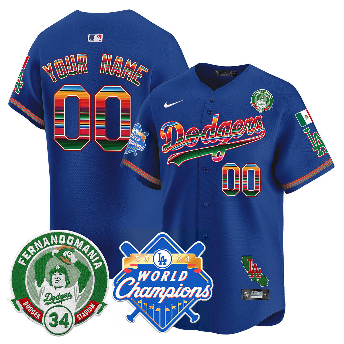 Custom Name/Gender Dodgers Mexico Fernando Memorial & 2024 World Series Champions Patch Jersey - All Stitched