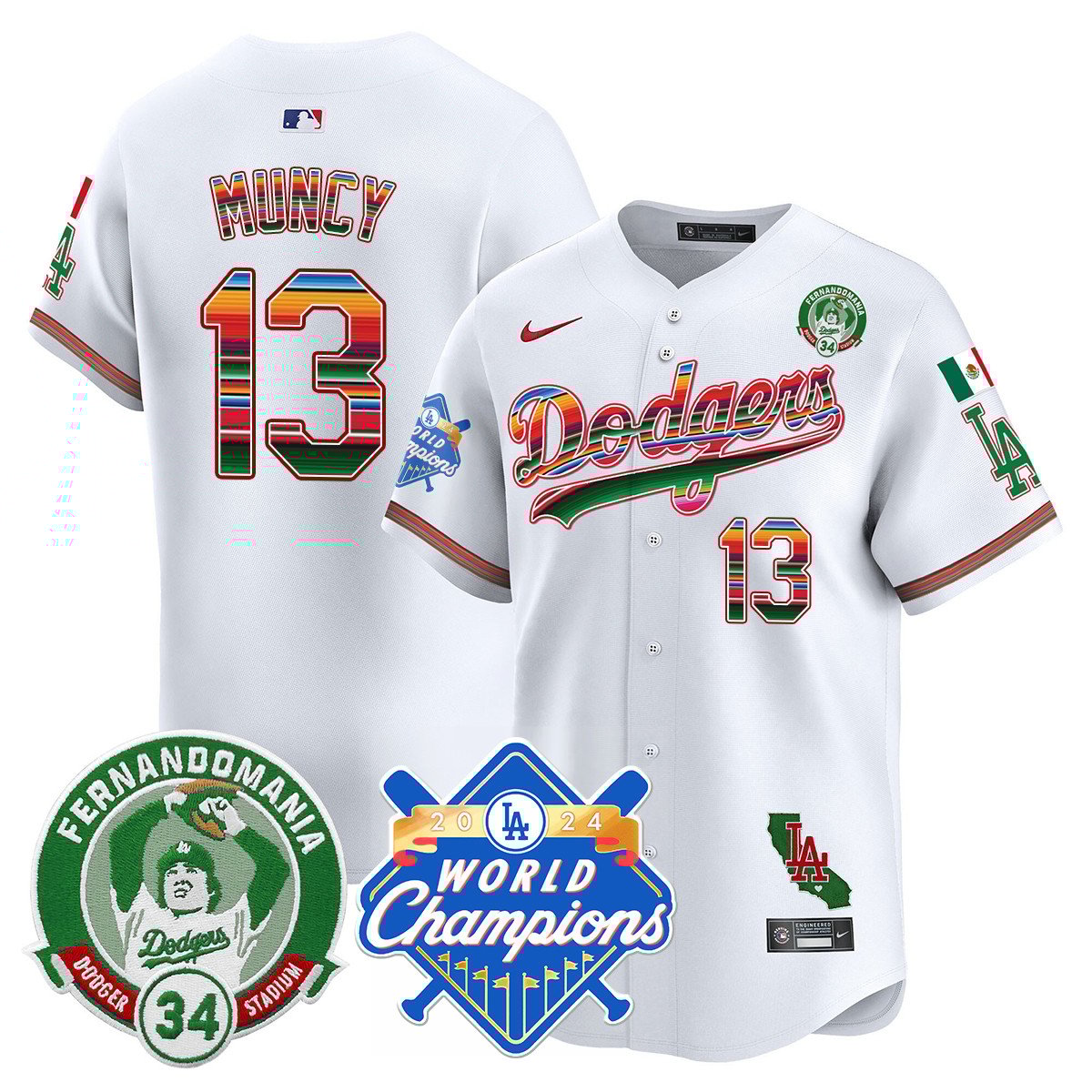 Men's Dodgers Mexico Fernando Memorial & 2024 World Series Champions Patch Jersey - All Stitched