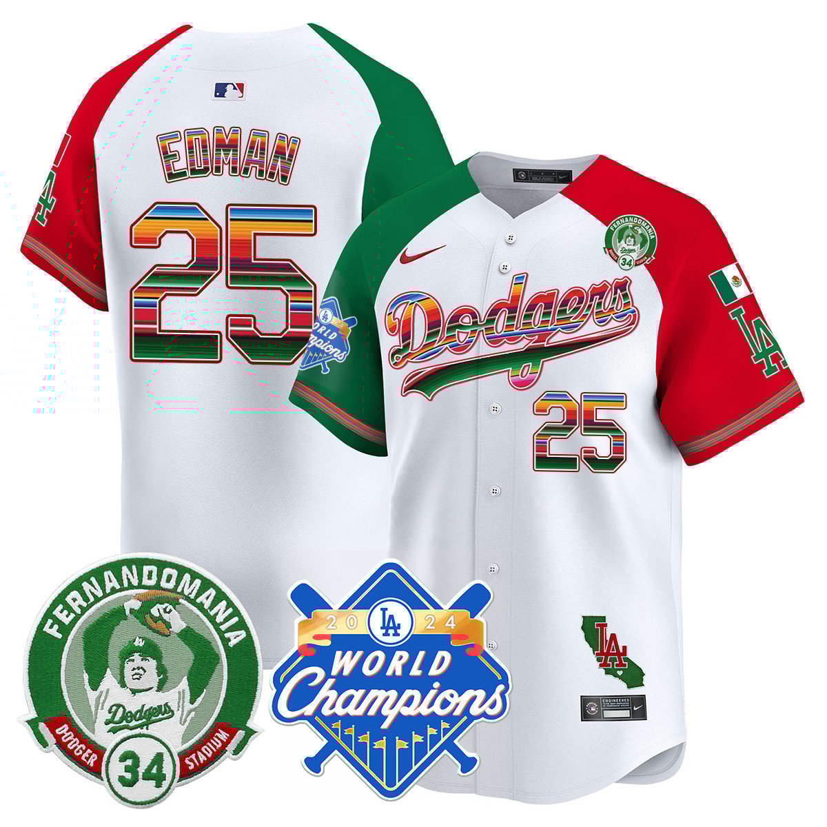 Men's Dodgers Mexico Fernando Memorial & 2024 World Series Champions Patch Jersey - All Stitched