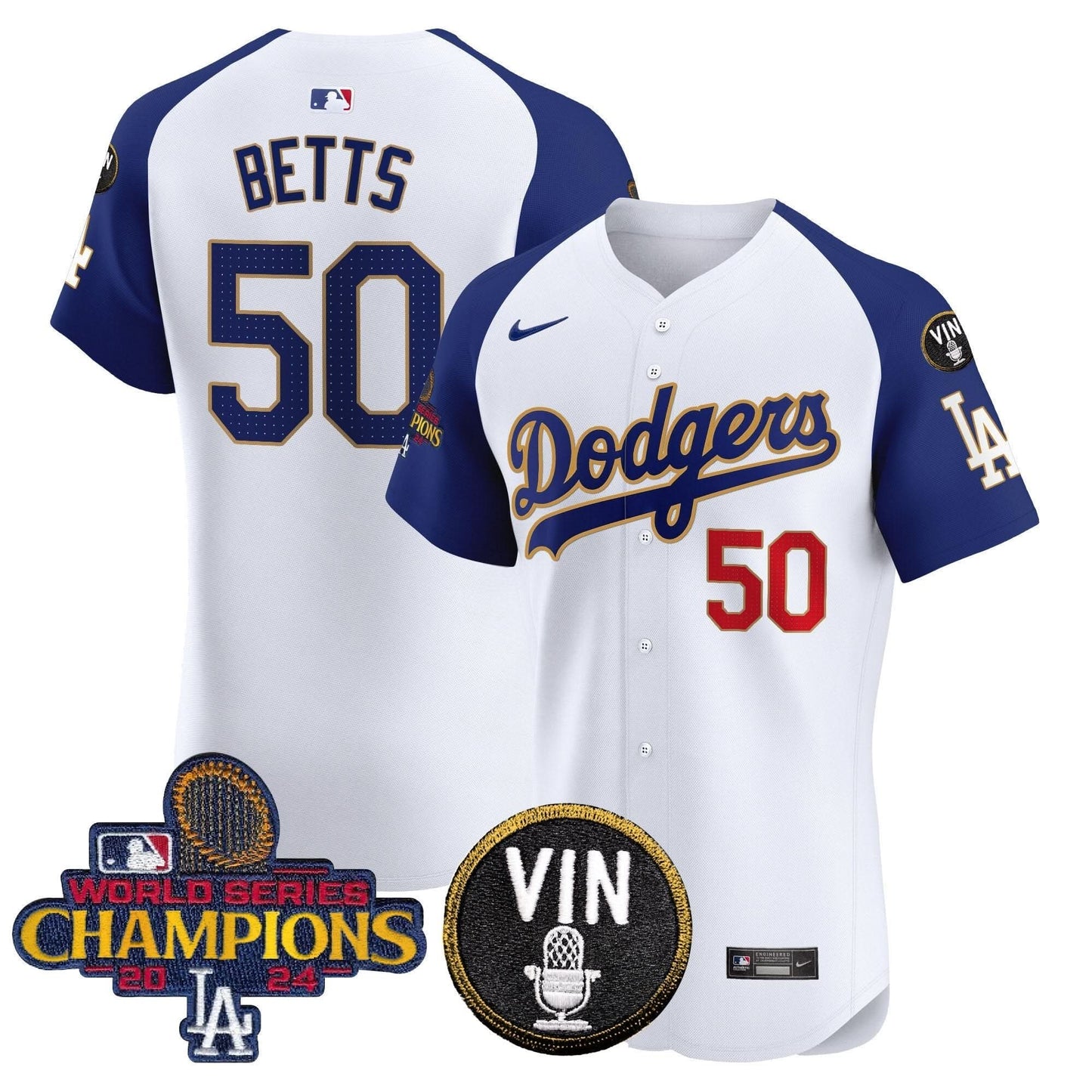 Dodgers 2024 World Series Champions Gold Trim Vapor Premier Elite Jersey - All Stitched