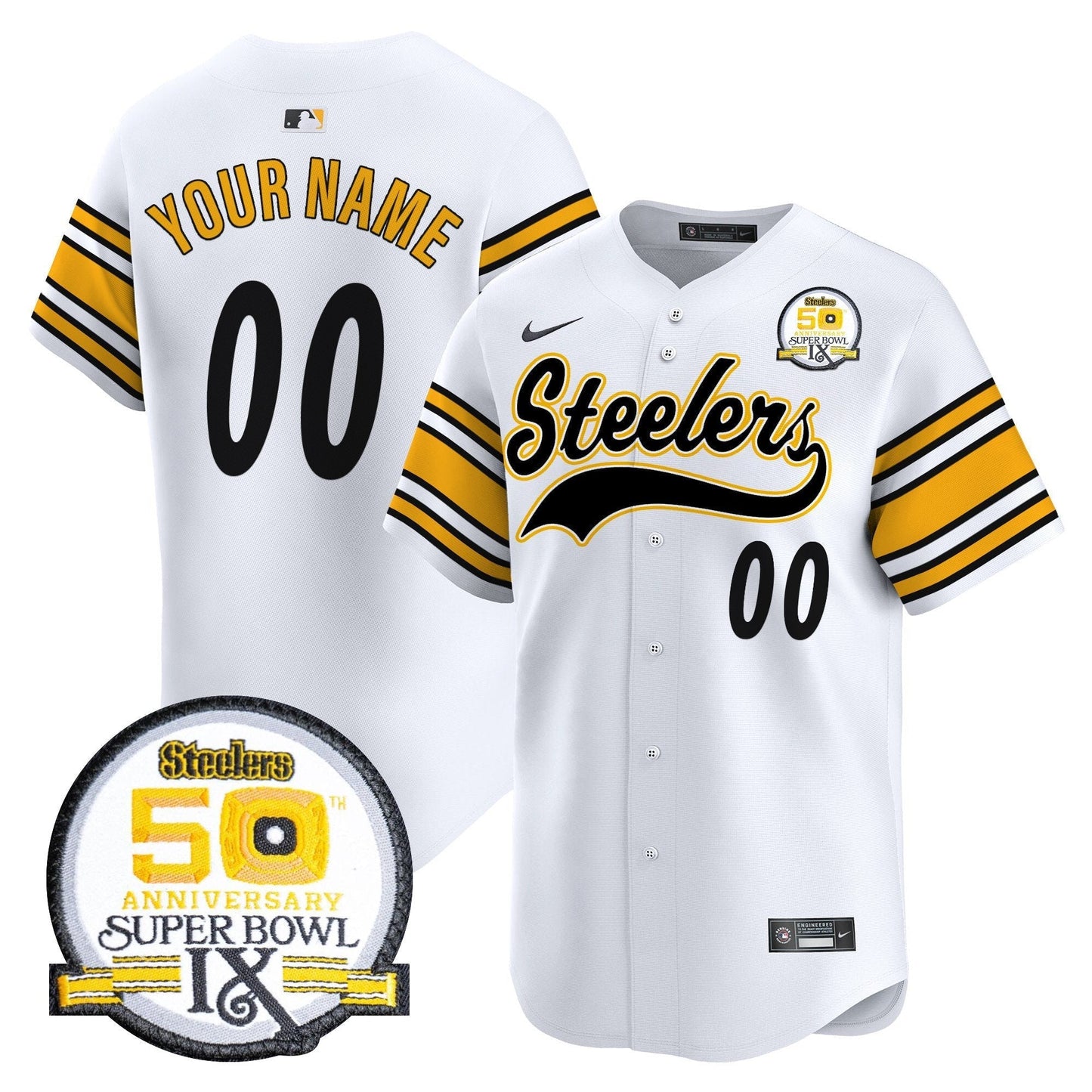 Steelers 50th Anniversary Of Super Bowl IX Patch Vapor Premier Baseball Custom Jersey - All Stitched