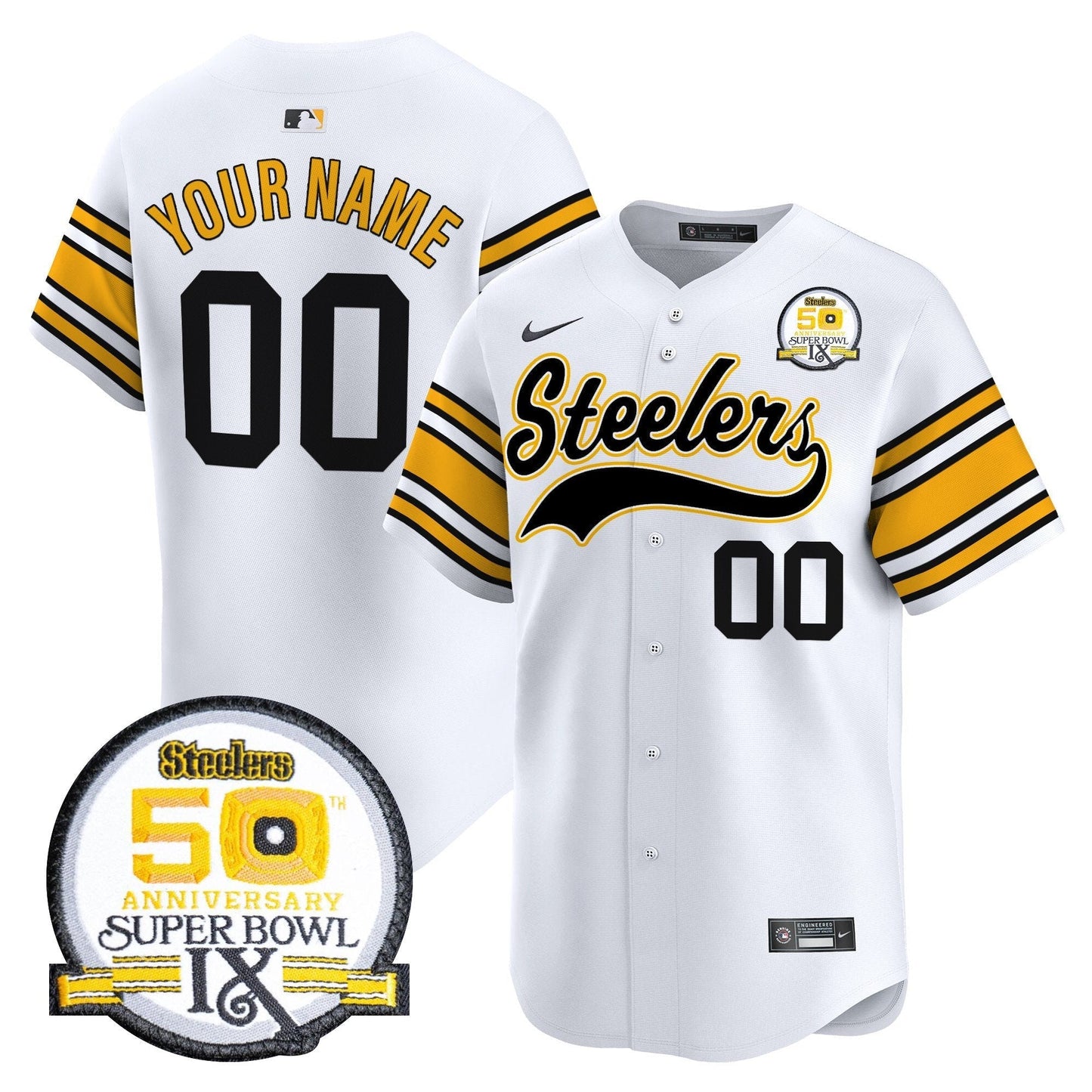 Steelers 50th Anniversary Of Super Bowl IX Patch Vapor Premier Baseball Custom Jersey - All Stitched