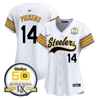 Women's Steelers 50th Anniversary Of Super Bowl IX Patch Vapor Premier Baseball Jersey - All Stitched