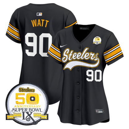 Women's Steelers 50th Anniversary Of Super Bowl IX Patch Vapor Premier Baseball Jersey - All Stitched