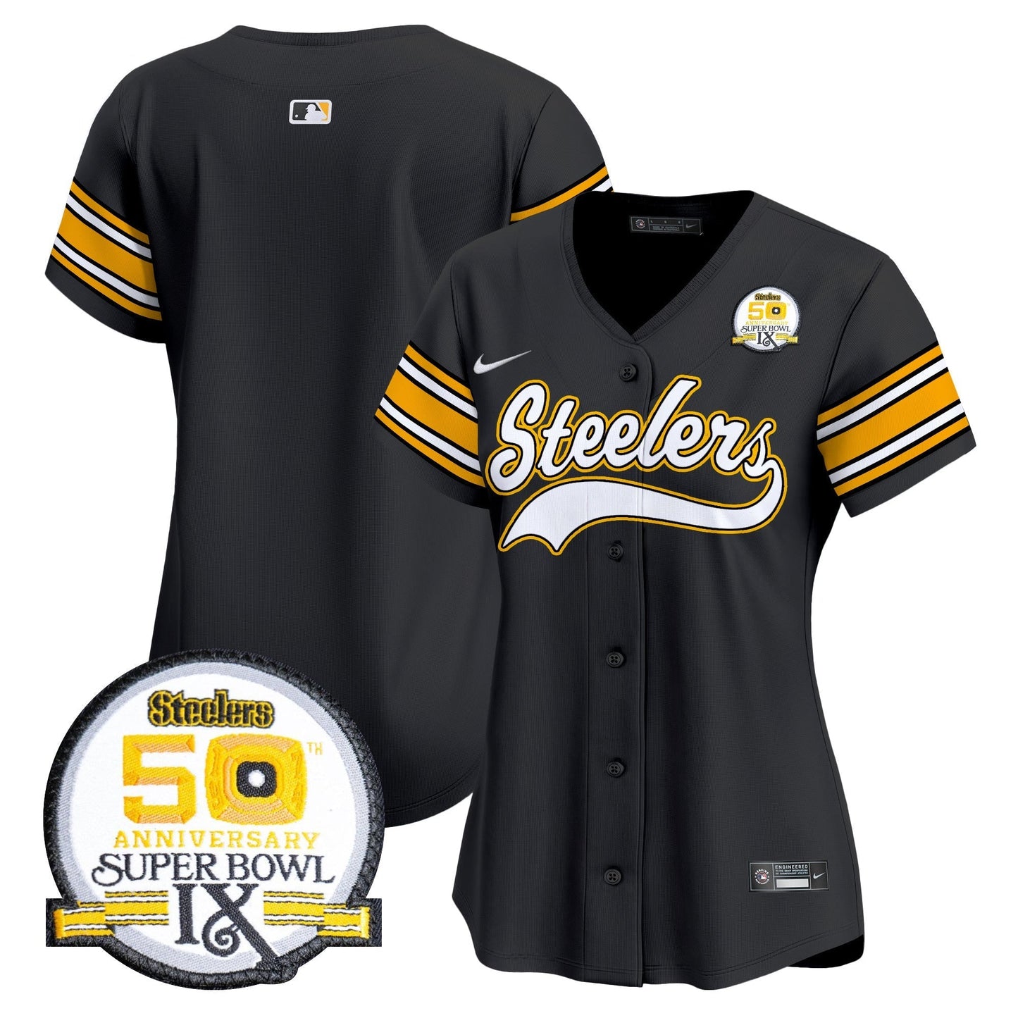 Women's Steelers 50th Anniversary Of Super Bowl IX Patch Vapor Premier Baseball Jersey - All Stitched