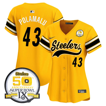 Women's Steelers 50th Anniversary Of Super Bowl IX Patch Vapor Premier Baseball Jersey - All Stitched