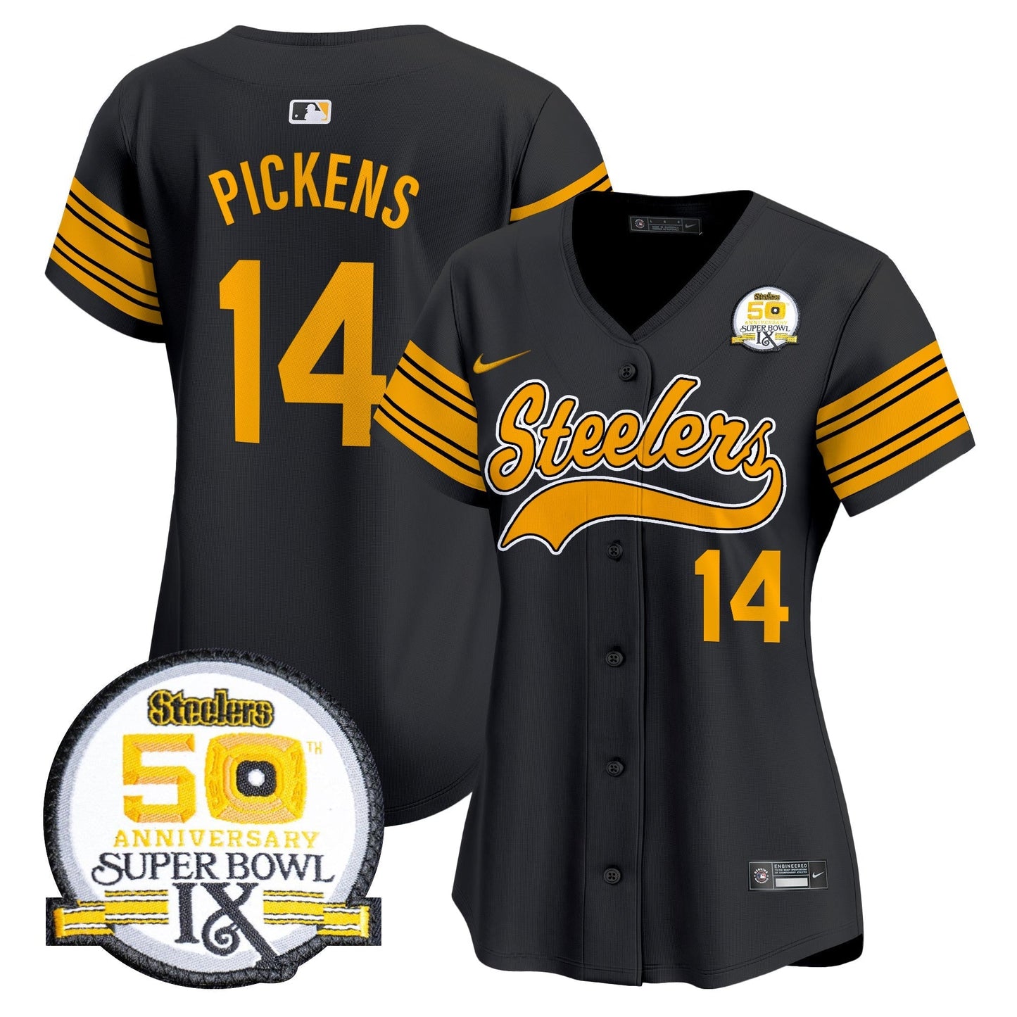Women's Steelers 50th Anniversary Of Super Bowl IX Patch Vapor Premier Baseball Jersey - All Stitched