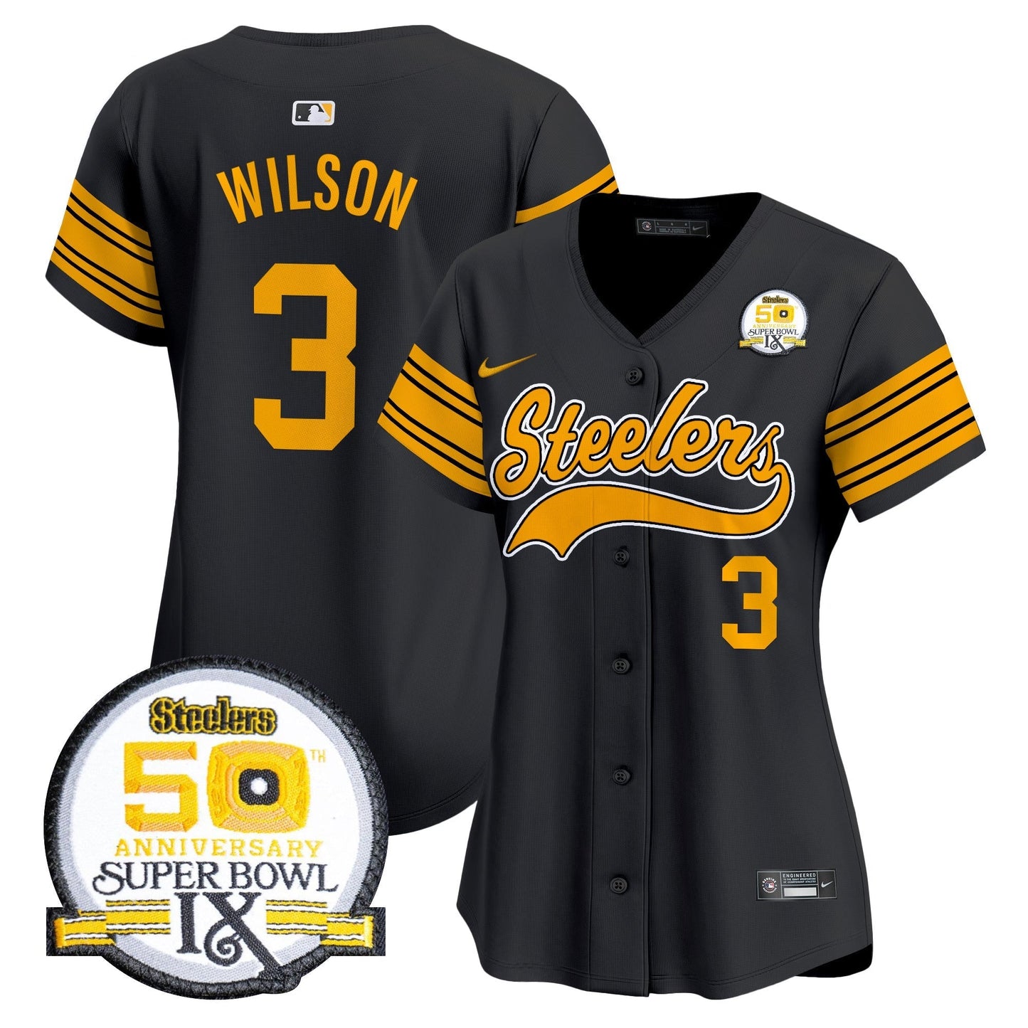 Women's Steelers 50th Anniversary Of Super Bowl IX Patch Vapor Premier Baseball Jersey - All Stitched