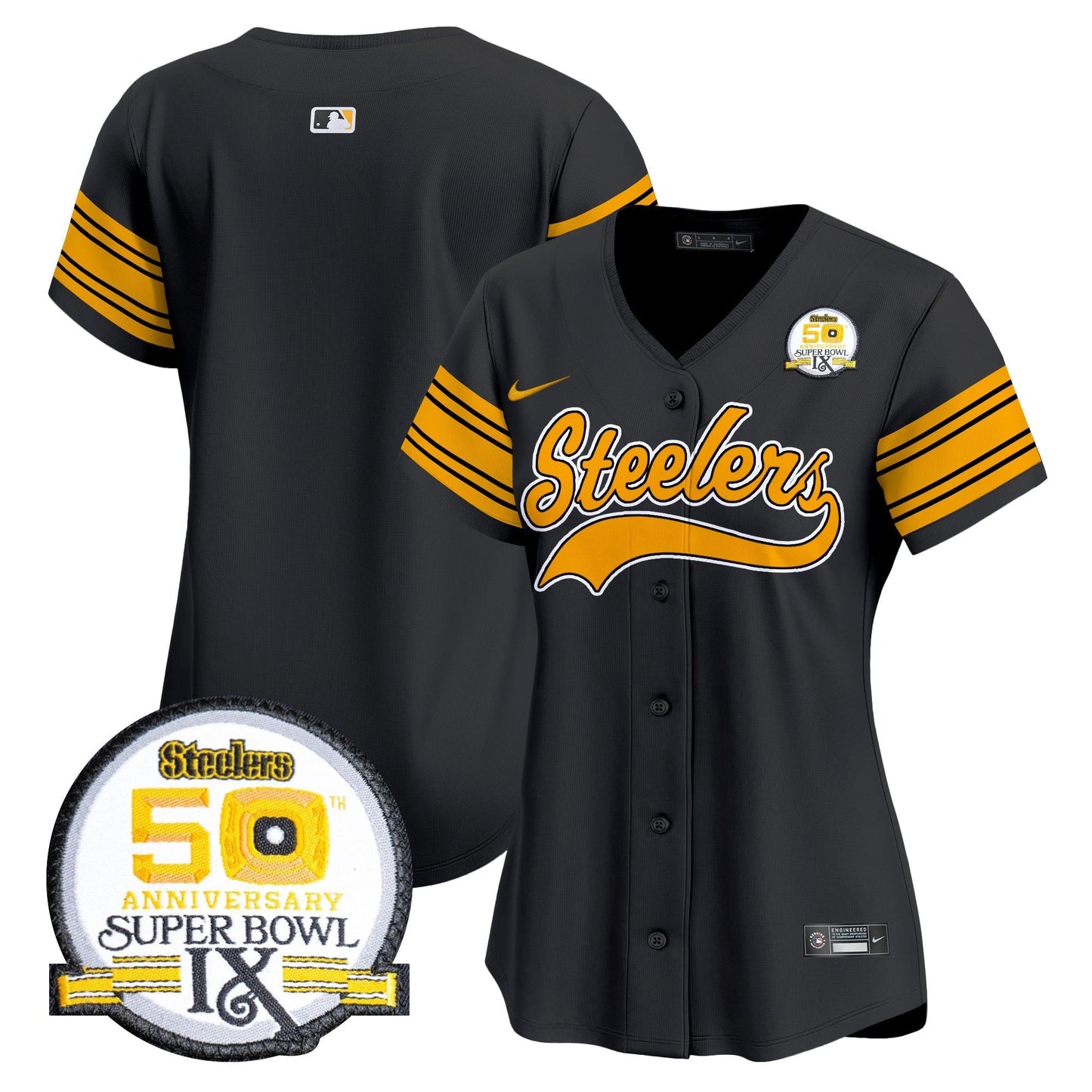 Women's Steelers 50th Anniversary Of Super Bowl IX Patch Vapor Premier Baseball Jersey - All Stitched