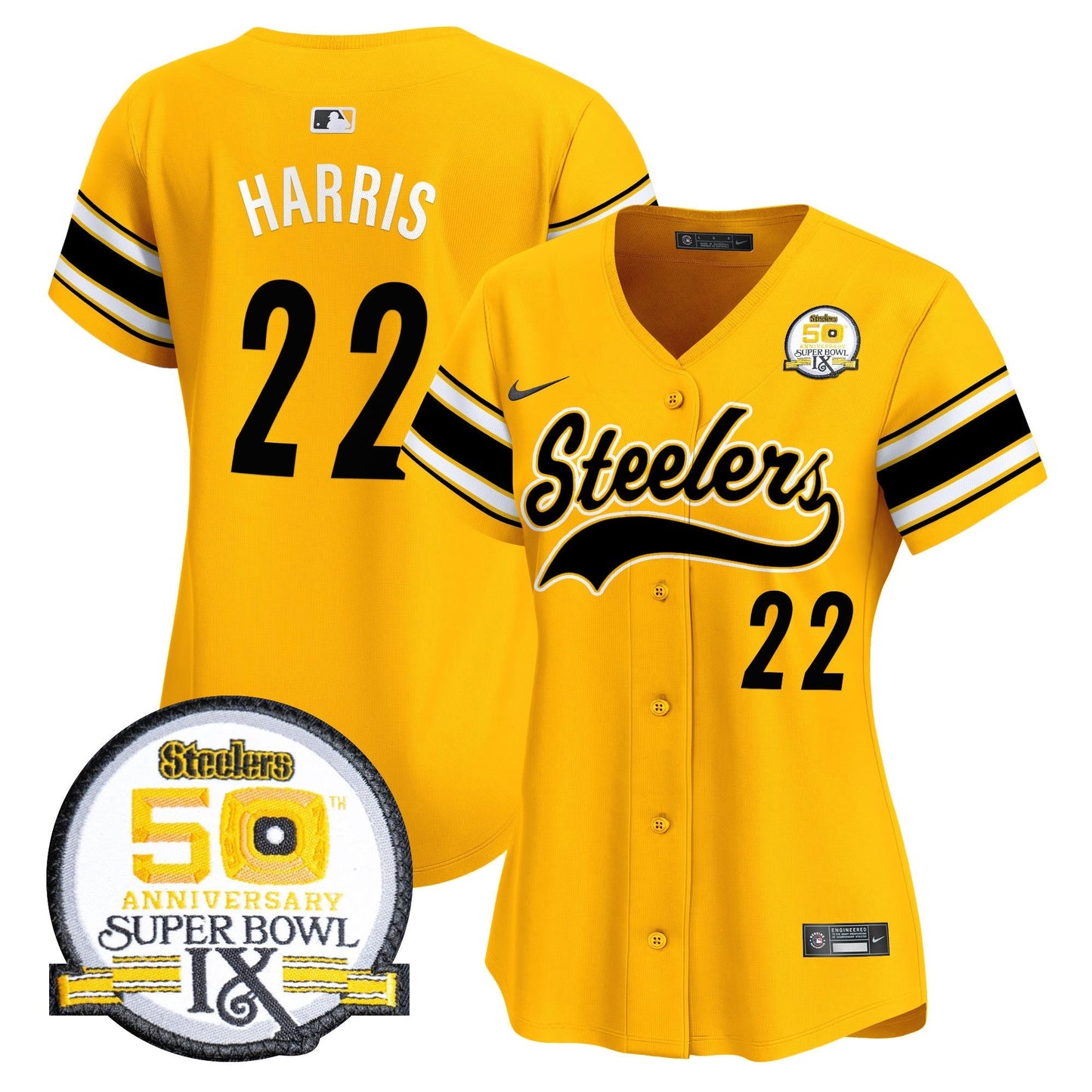 Women's Steelers 50th Anniversary Of Super Bowl IX Patch Vapor Premier Baseball Jersey - All Stitched