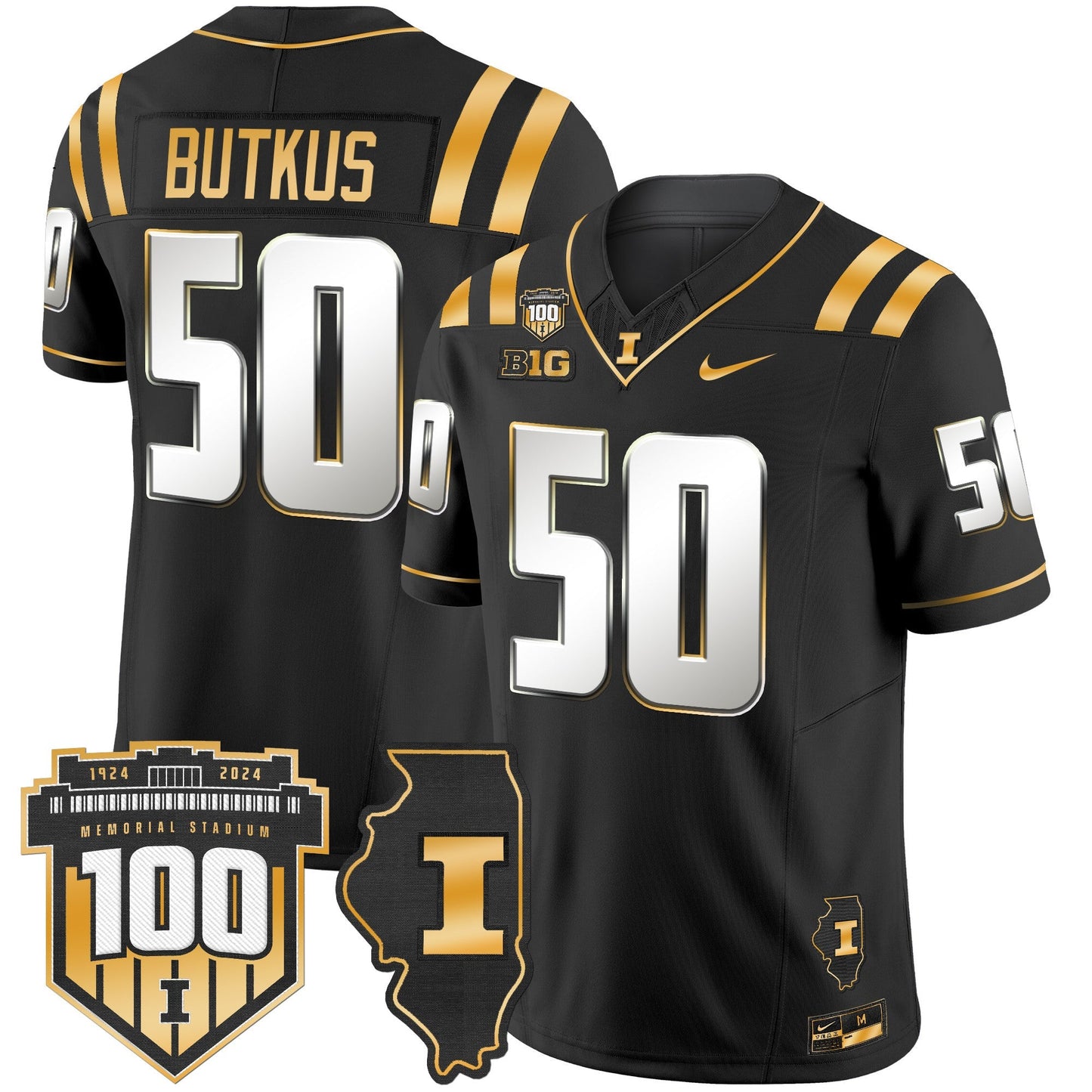 ILL 100th Memorial Stadium Patch Gold Vapor Limited Jersey - All Stitched