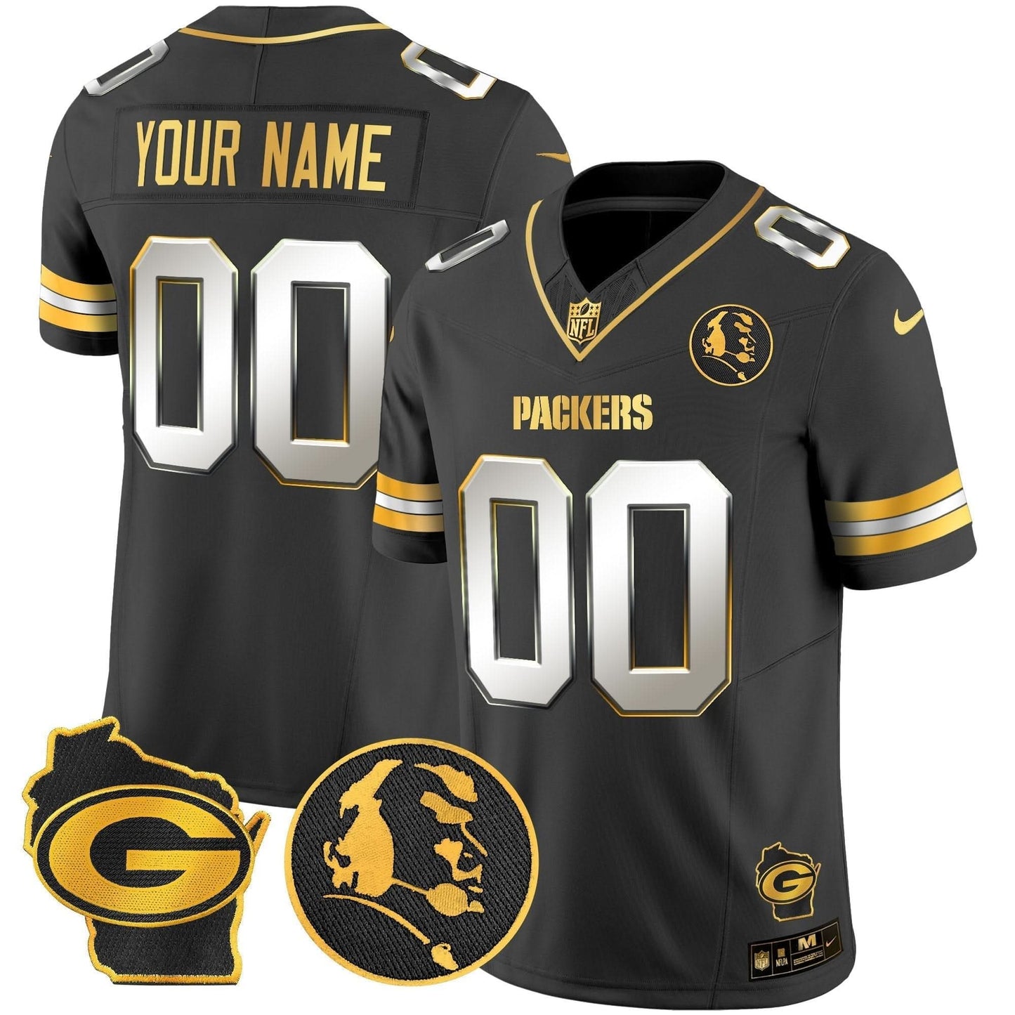 Packers John Madden & Home Patch Gold Vapor Limited Custom Jersey - All Stitched