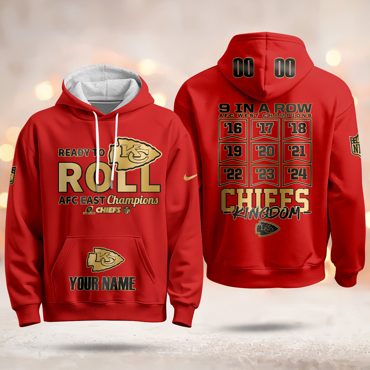 Custom KC 2024 AFC West Champions Hoodie Gold N1