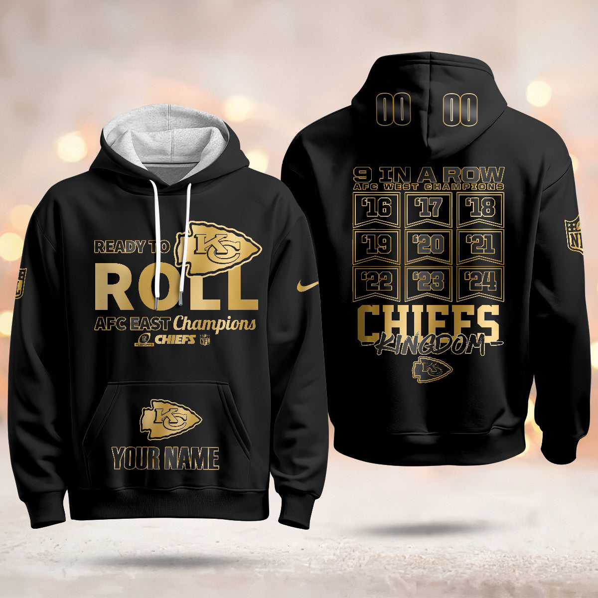 Custom KC 2024 AFC West Champions Hoodie Gold N1