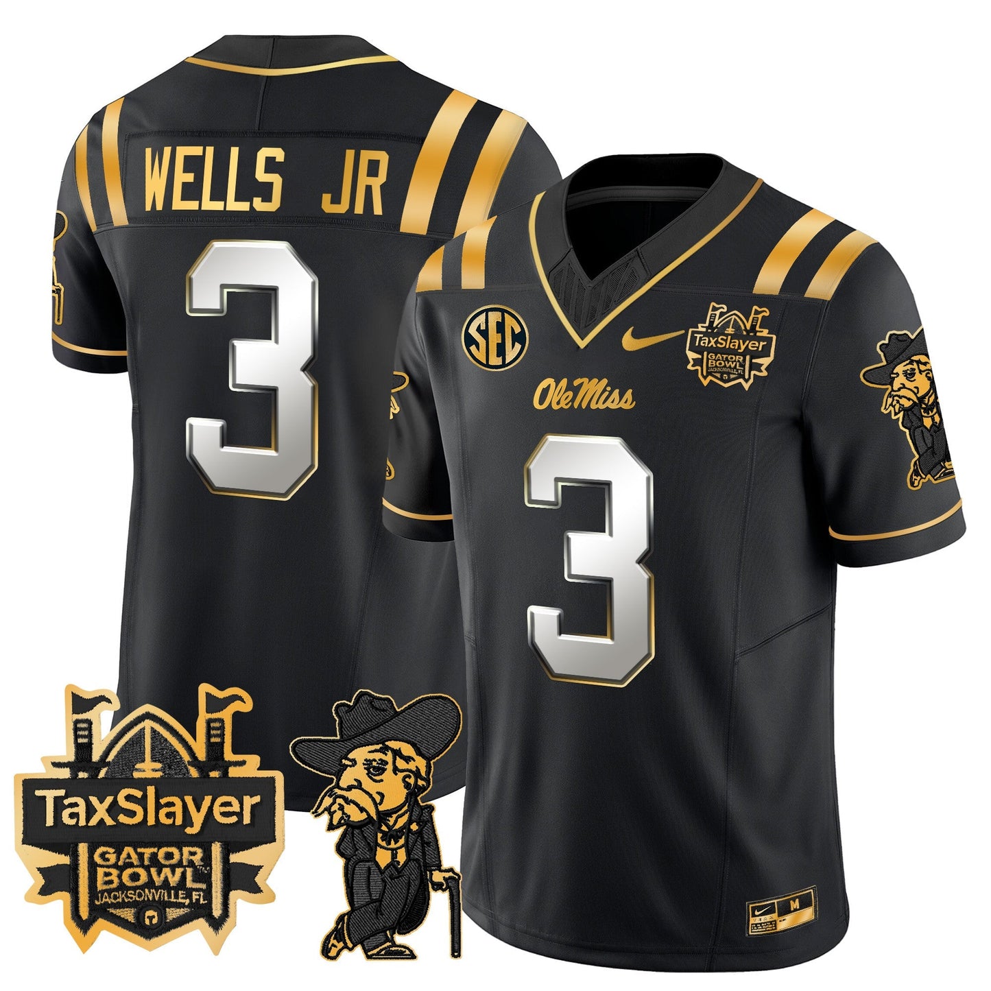 Ole Miss Rebels 2024 Gator Bowl Patch Gold Vapor Limited Jersey - All Stitched