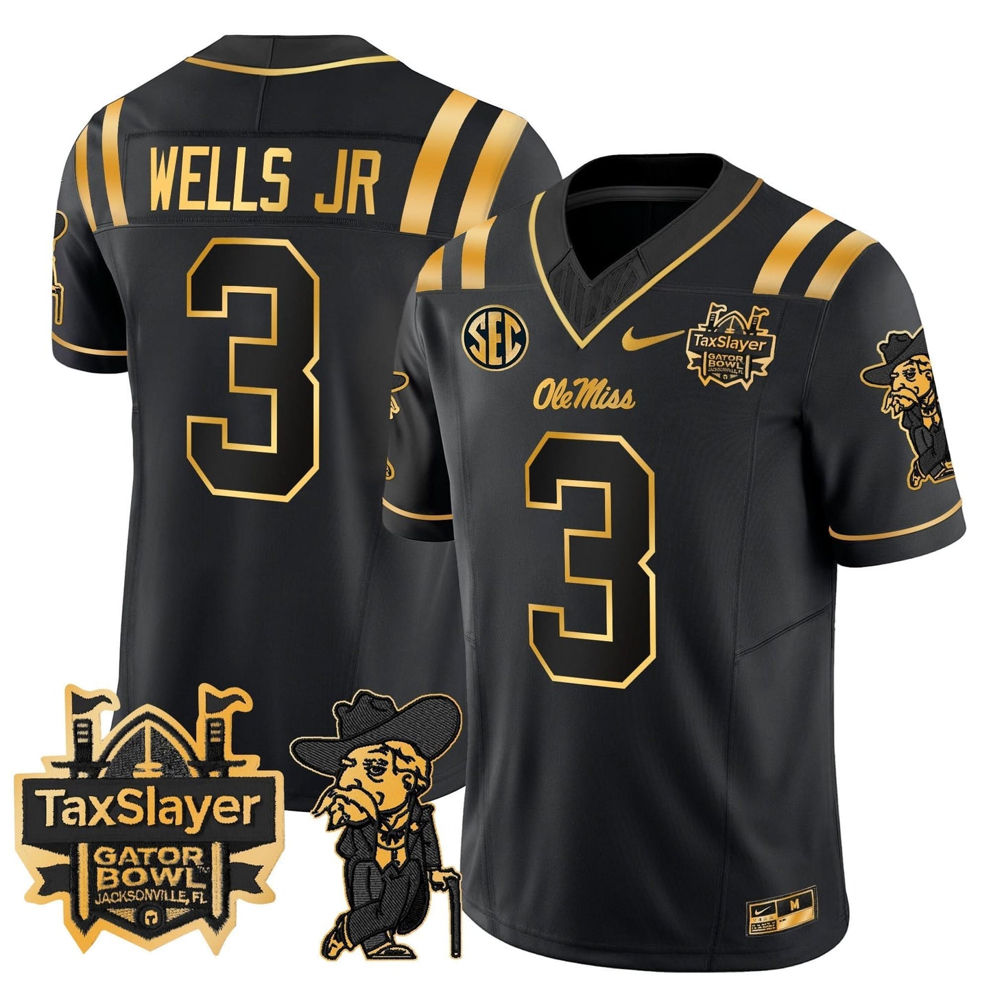 Ole Miss Rebels 2024 Gator Bowl Patch Gold Vapor Limited Jersey - All Stitched