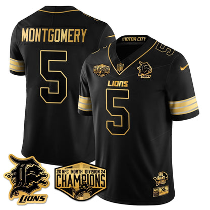 Detroit Lions 2024 NFC North Champions Gold Jersey - All Stitched