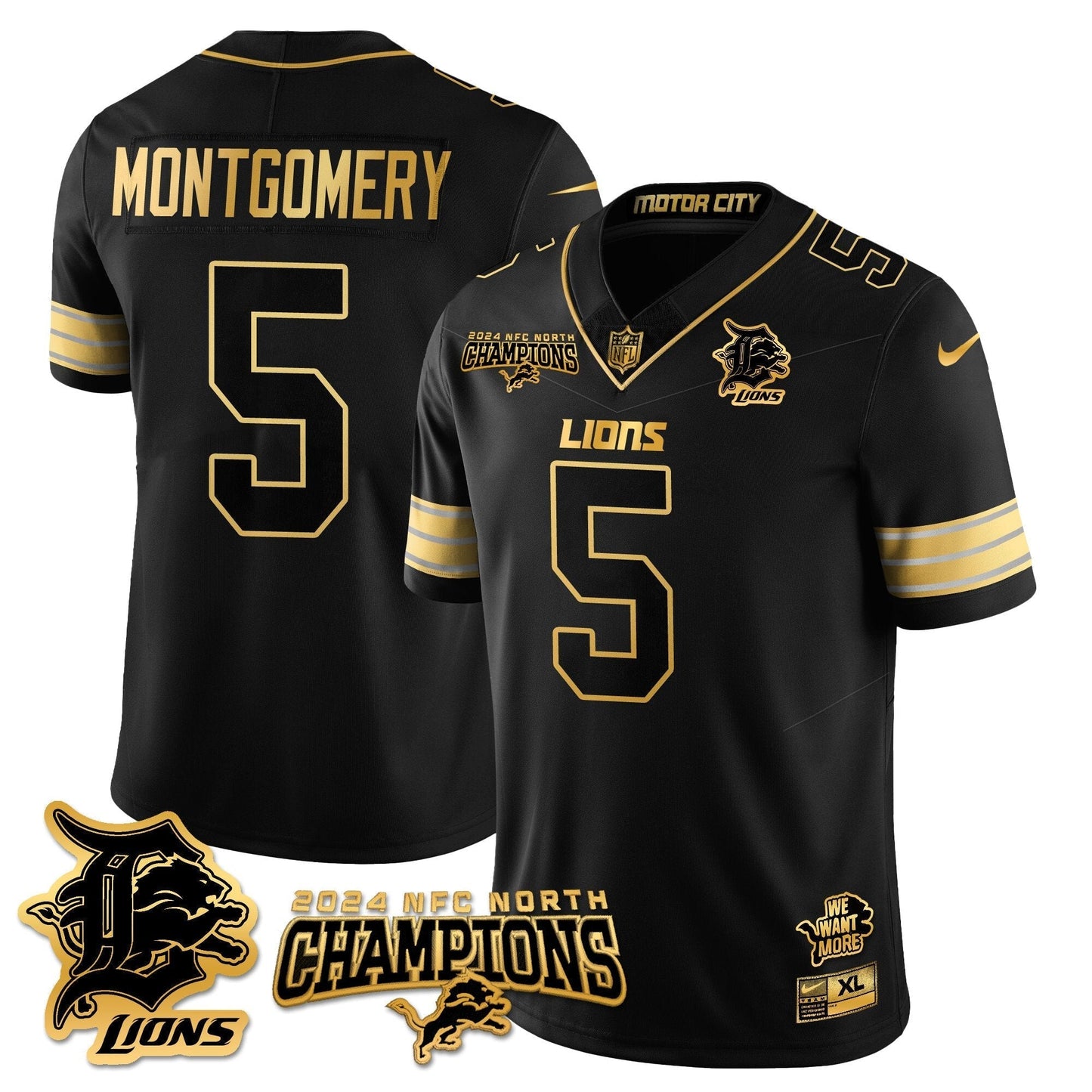 DET 2024 NFC North Champions Gold Jersey N1 - All Stitched