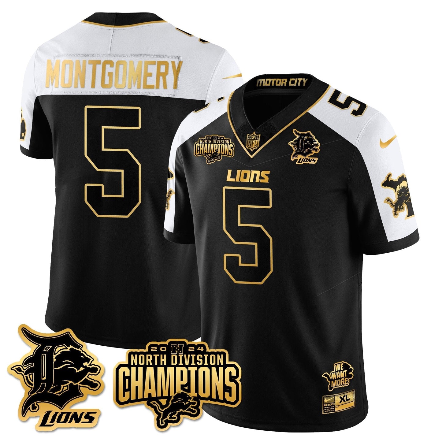 DET 2024 NFC North Champions Gold Jersey N2 - All Stitched