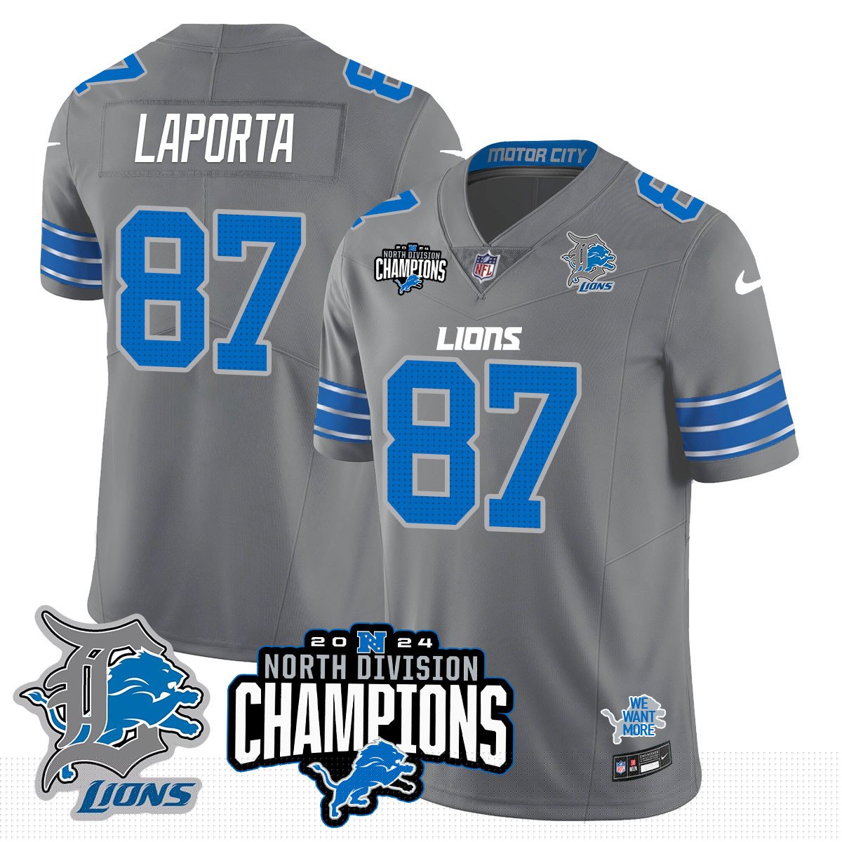 DET 2024 NFC North Champions Gold Jersey N2 - All Stitched
