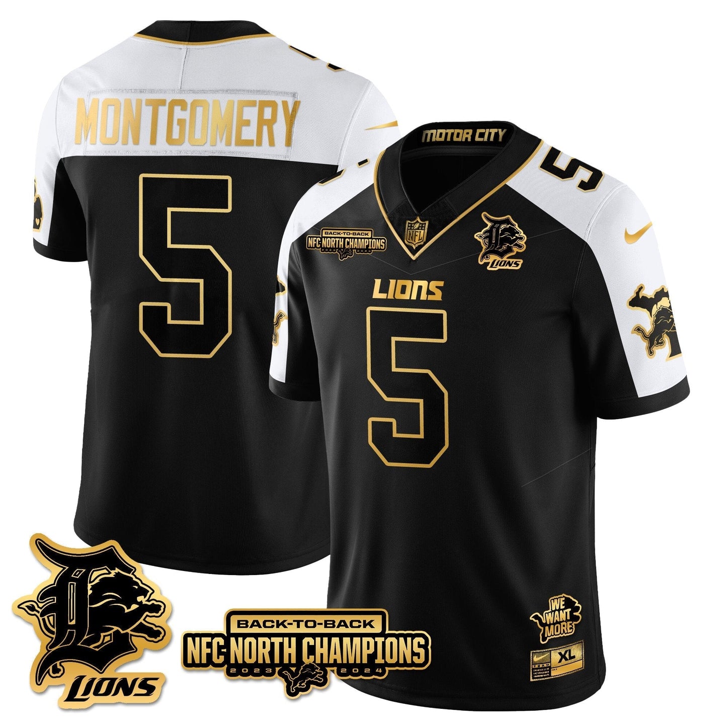 Custom Gender/Name DET 2024 NFC North Champions Gold Jersey N3 - All Stitched