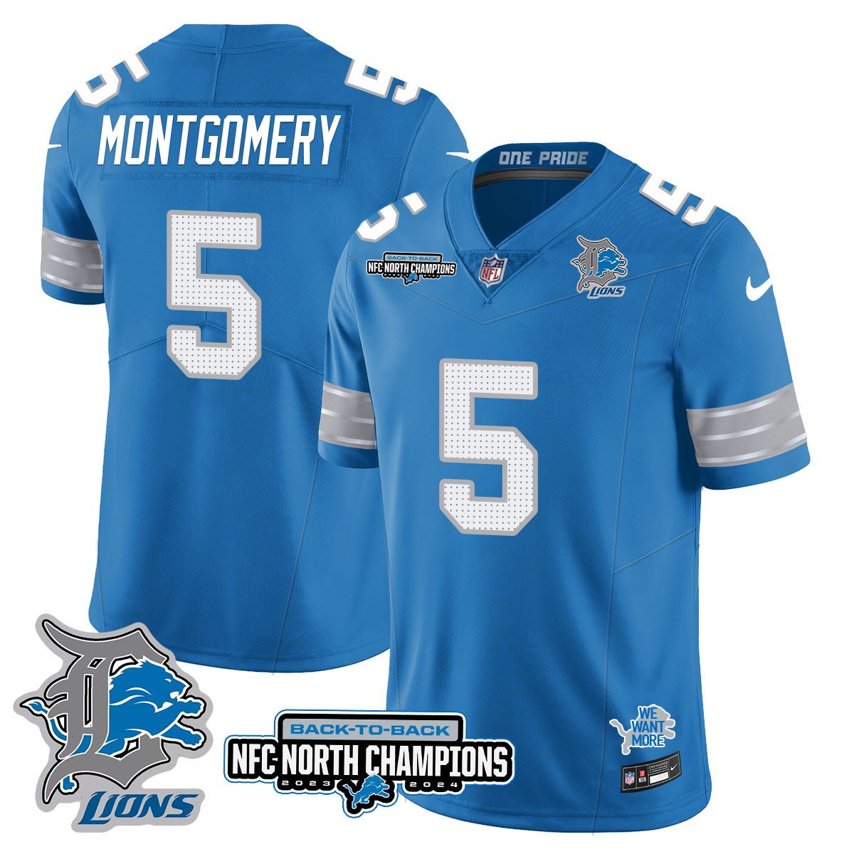 Custom Gender/Name DET 2024 NFC North Champions Gold Jersey N3 - All Stitched