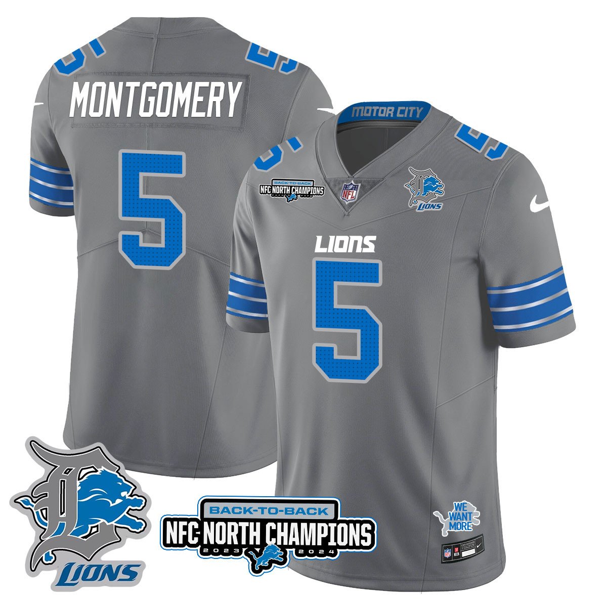 Custom Gender/Name DET 2024 NFC North Champions Gold Jersey N3 - All Stitched