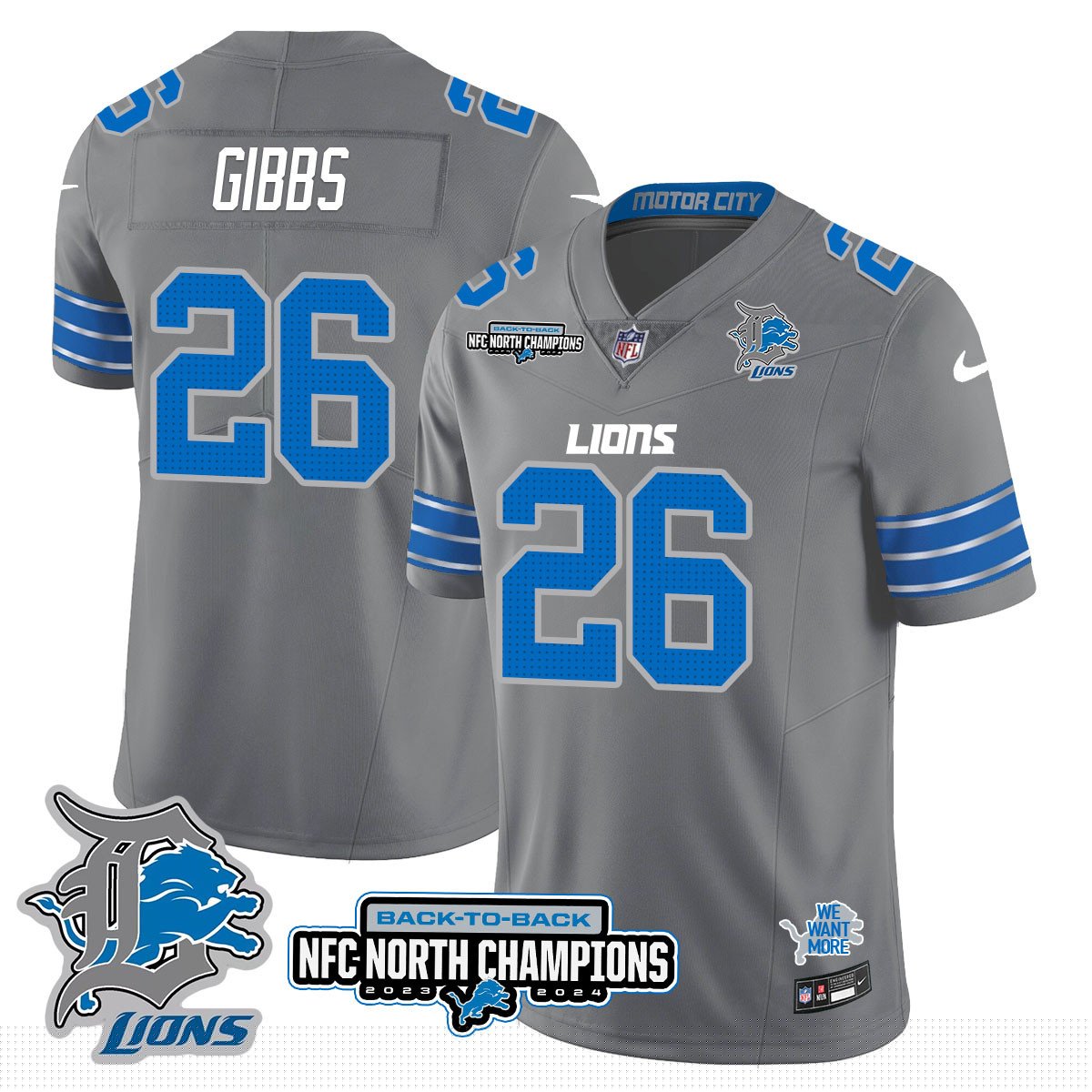 Custom Gender/Name DET 2024 NFC North Champions Gold Jersey N3 - All Stitched