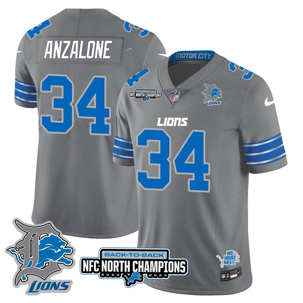 Custom Gender/Name DET 2024 NFC North Champions Gold Jersey N3 - All Stitched