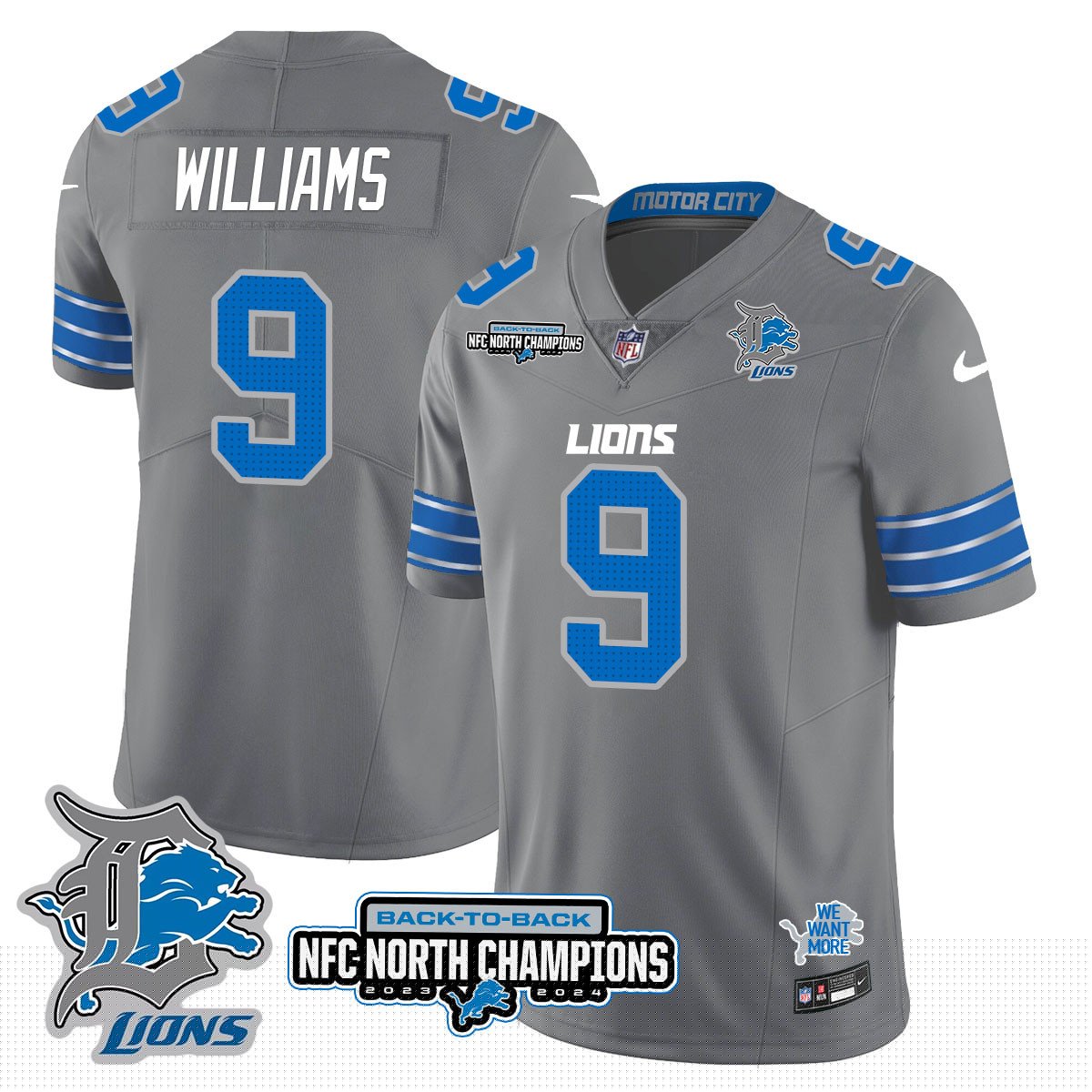 Custom Gender/Name DET 2024 NFC North Champions Gold Jersey N3 - All Stitched