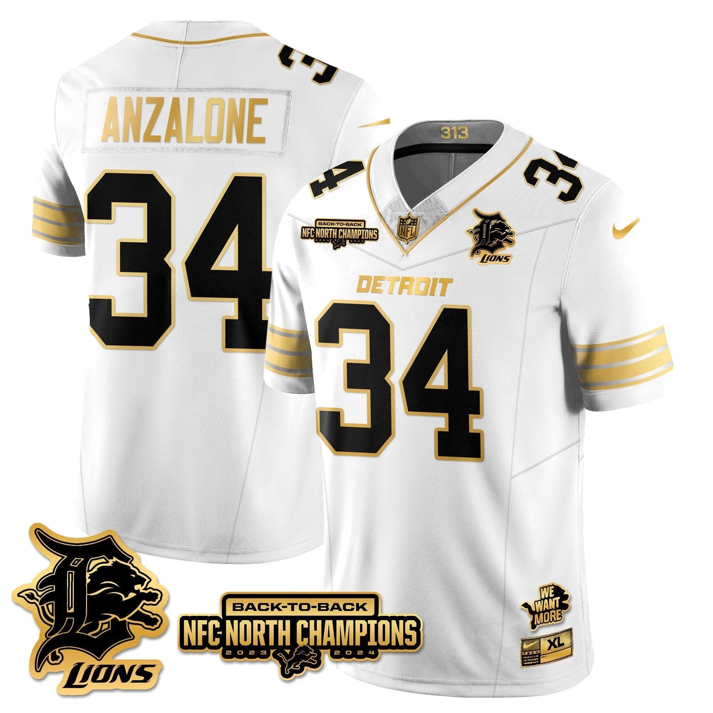 Custom Gender/Name DET 2024 NFC North Champions Gold Jersey N3 - All Stitched
