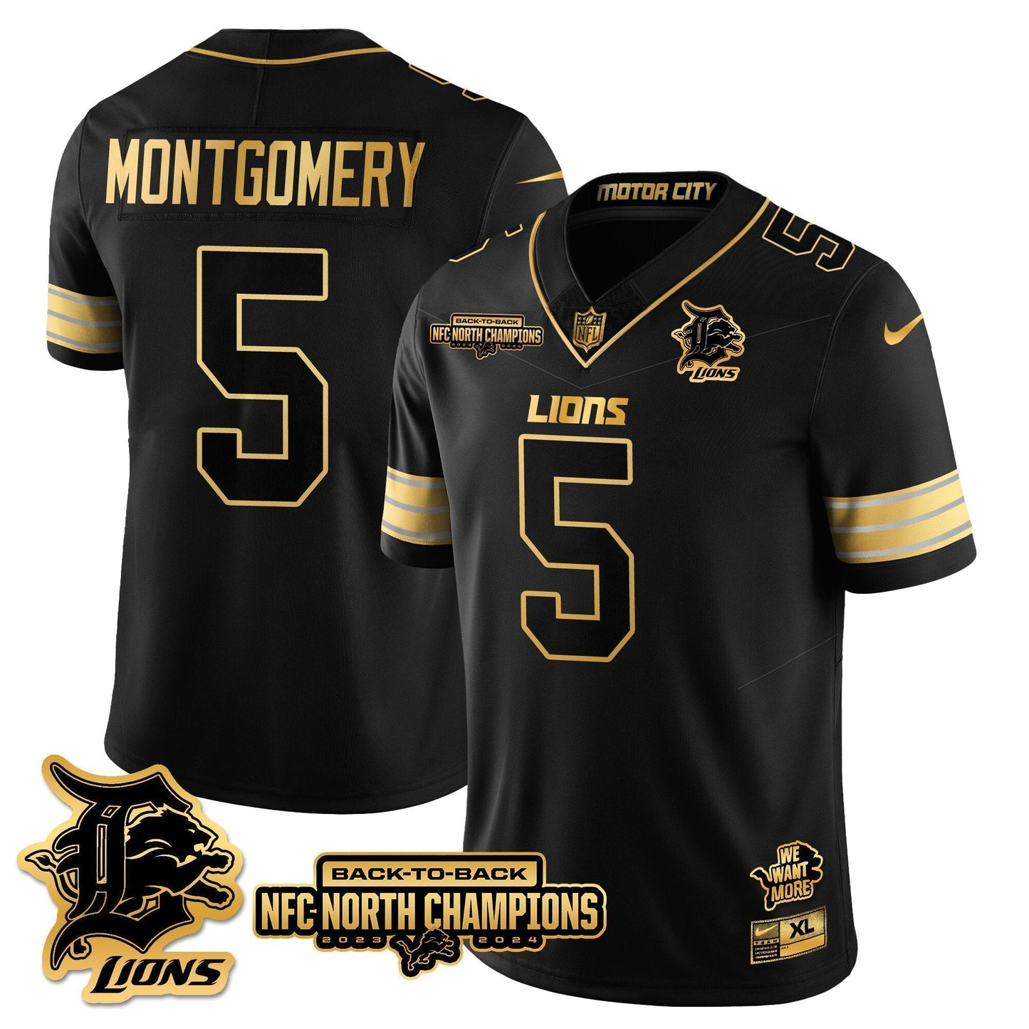 Custom Gender/Name DET 2024 NFC North Champions Gold Jersey N3 - All Stitched