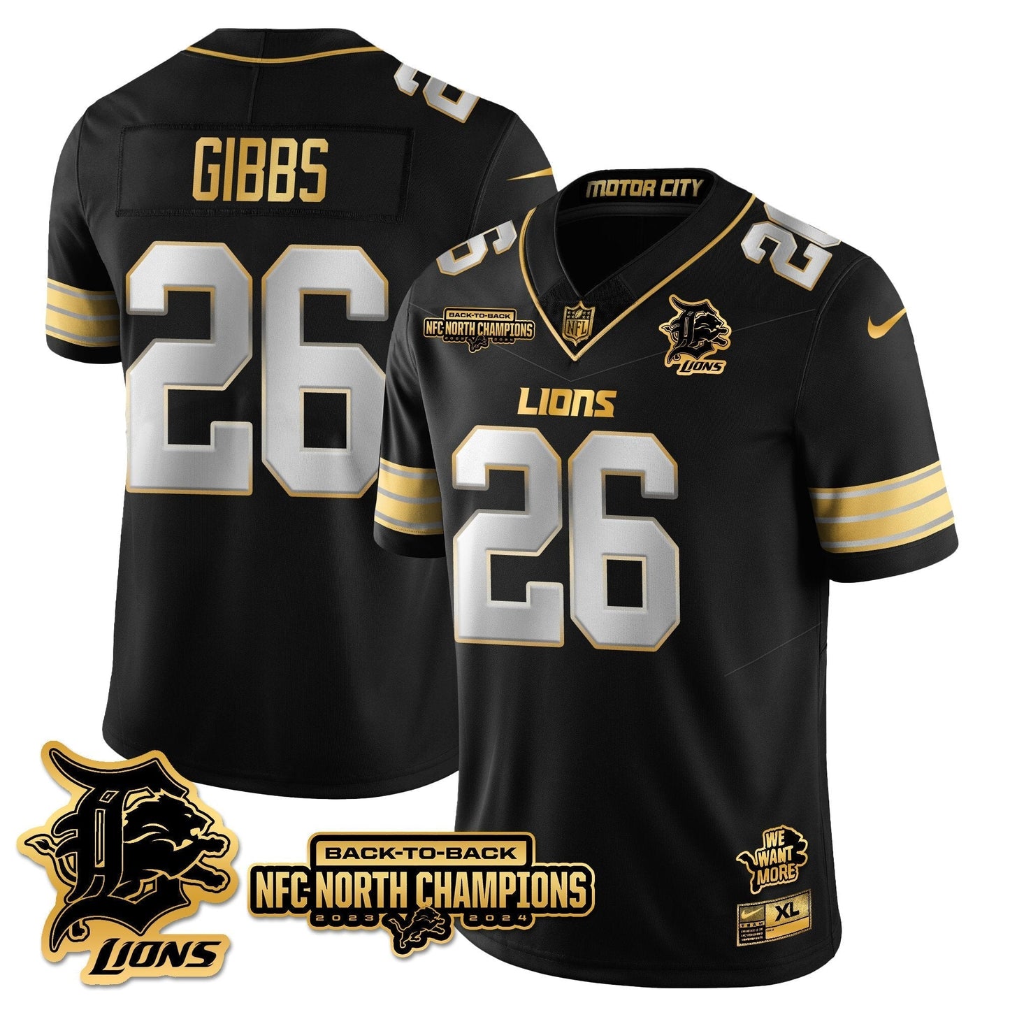 Custom Gender/Name DET 2024 NFC North Champions Gold Jersey N3 - All Stitched
