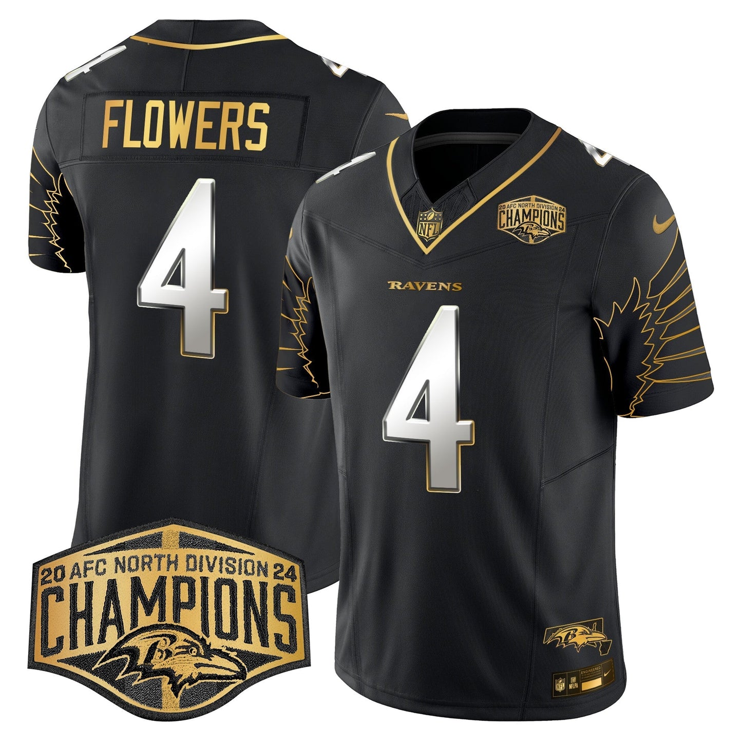 Ravens Maryland 2024 AFC North Division Champions Patch Gold Vapor Limited Jersey - All Stitched