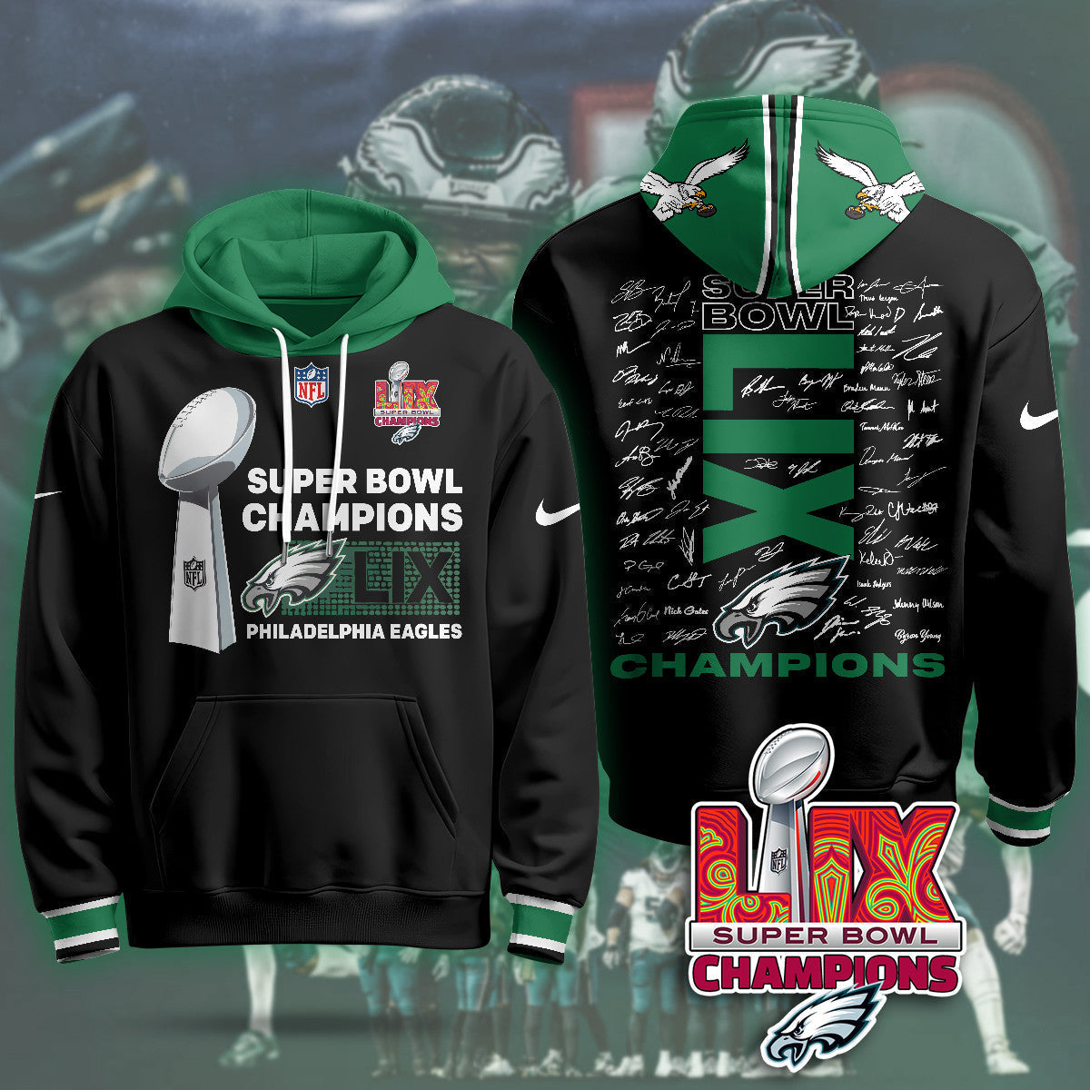 PHI Super Bowl LIX Champions Roster Signing Gold Hoodie