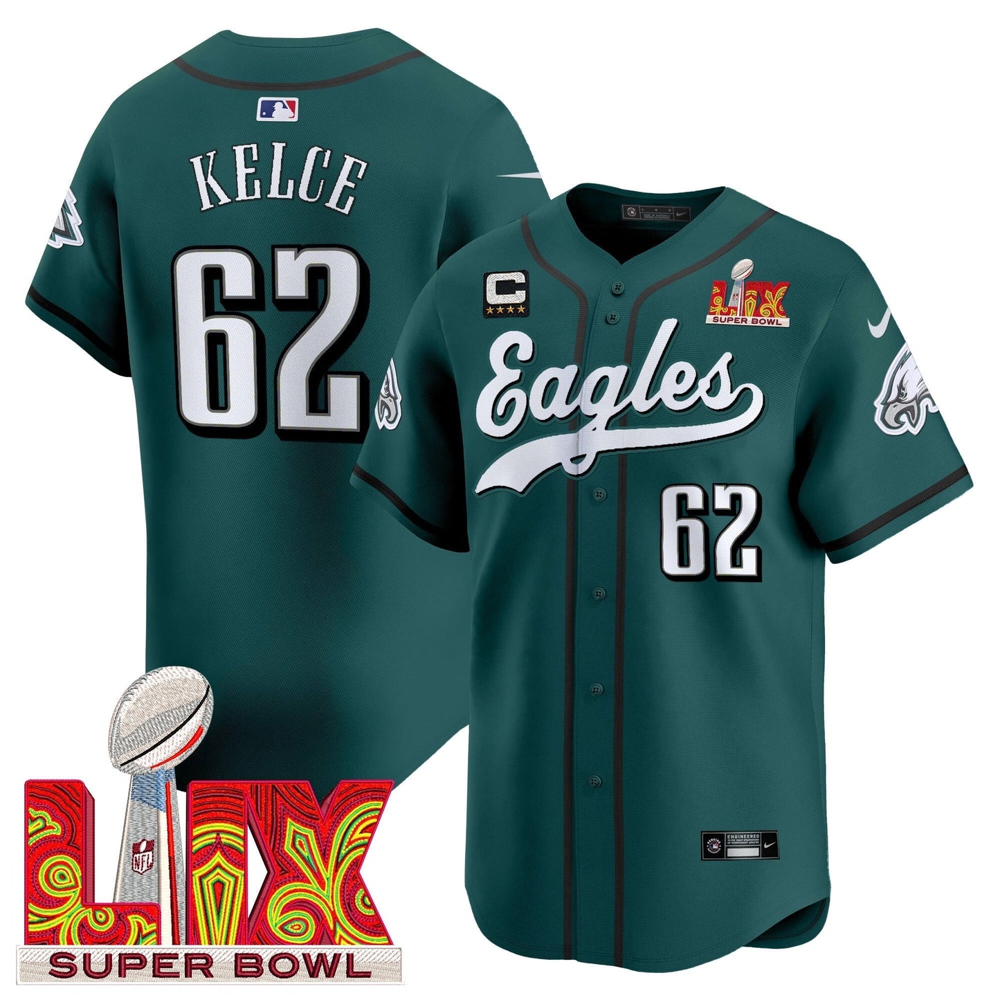 PHI Midnight Green Super Bowl LIX Vapor Baseball Jersey - All Stitched